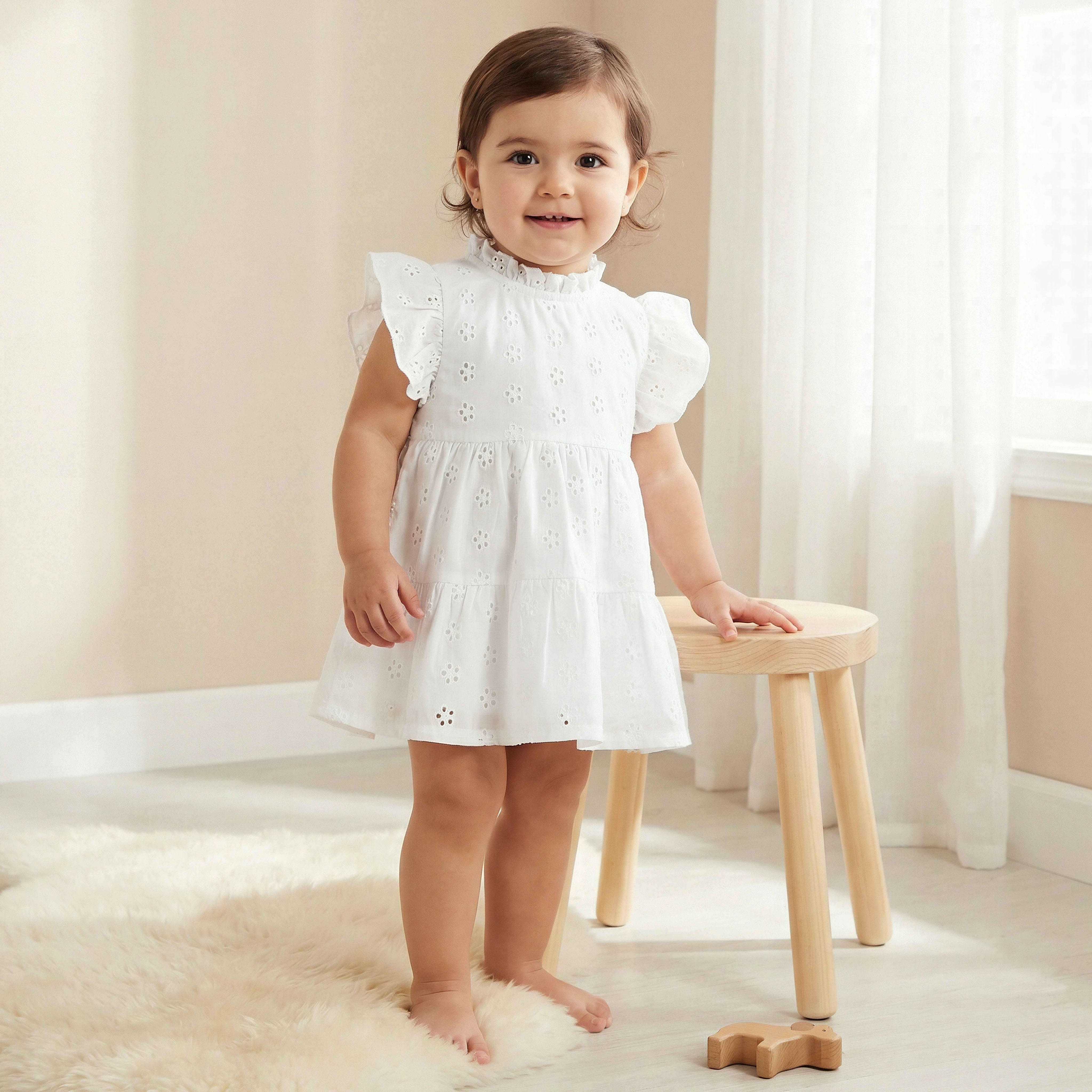 Juniors Ruffle Neck Short Sleeves A-line Dress with Schiffli Embroidery-baby-girls-clothing-dressesandjumpsuits-image-1