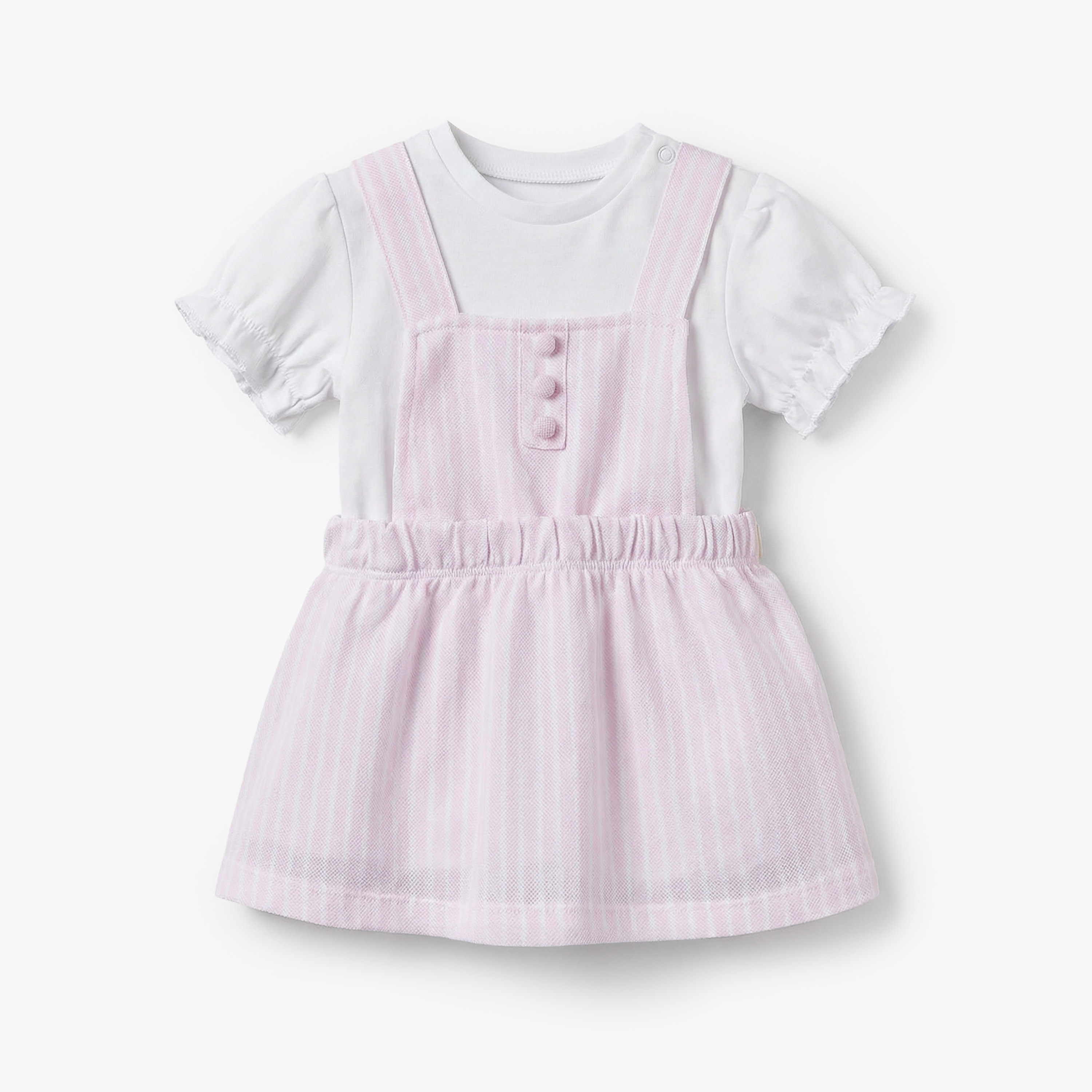 Juniors Round Neck Short Sleeves T-shirt and Pinafore Set with Stripes-baby-girls-clothing-setsandcoords-image-2