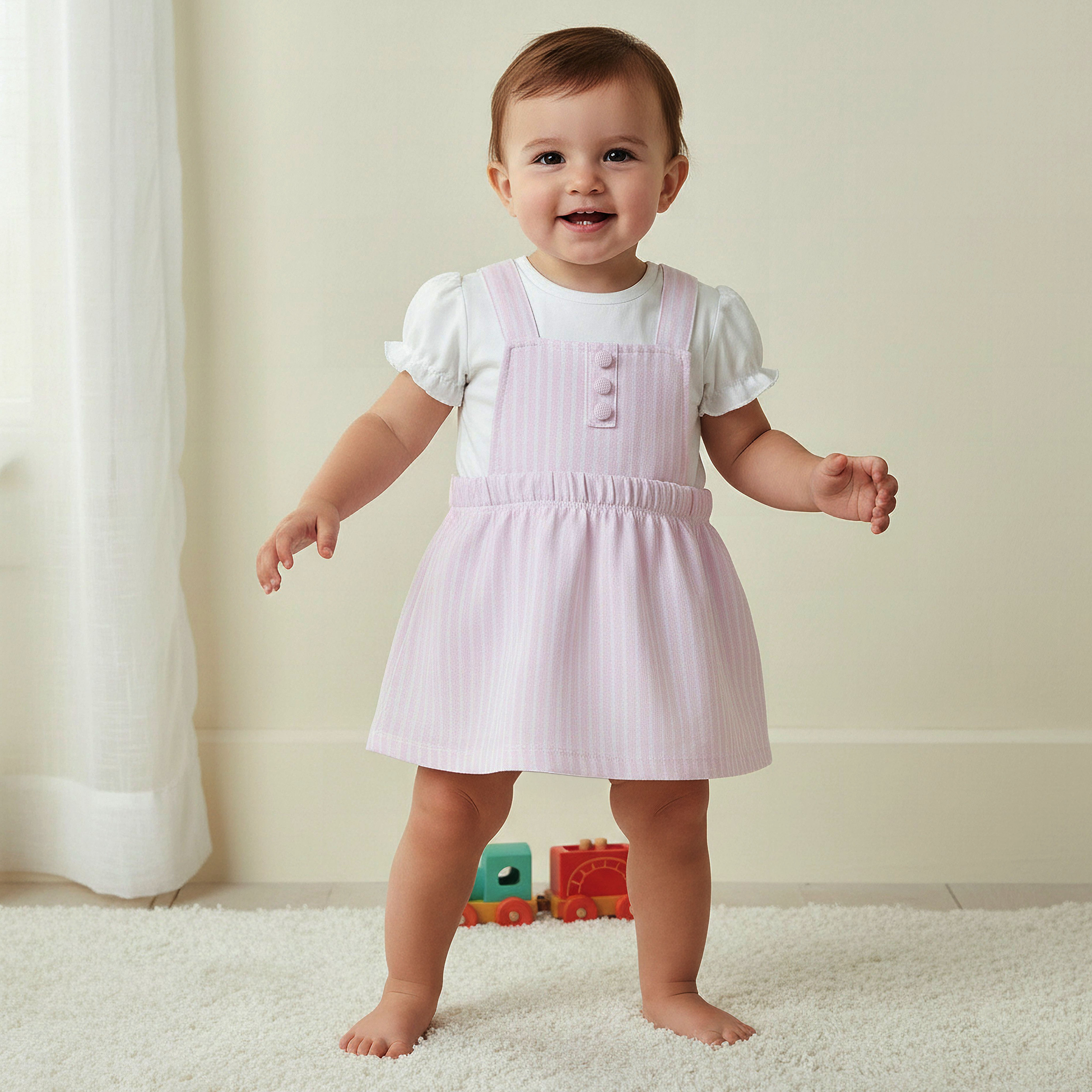 Juniors Round Neck Short Sleeves T-shirt and Pinafore Set with Stripes-baby-girls-clothing-setsandcoords-image-1