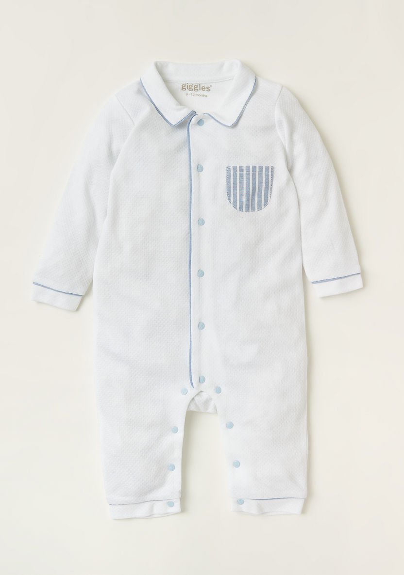 Giggles Textured Sleepsuit with Collar and Long Sleeves-Sleepsuits-image-0