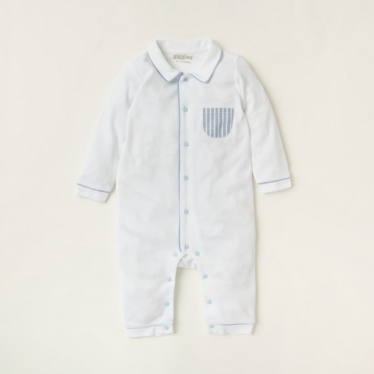 Giggles Textured Sleepsuit with Collar and Long Sleeves