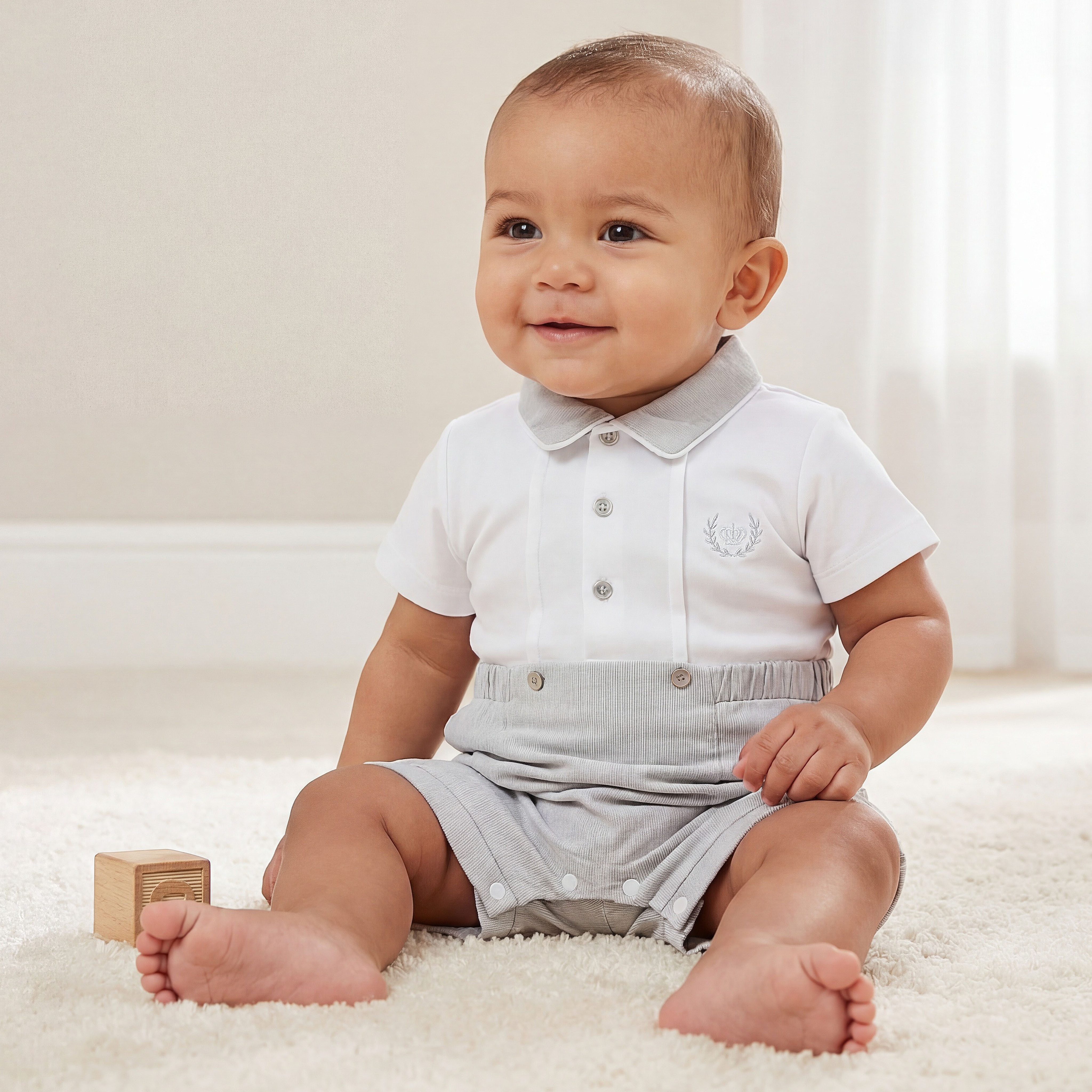Giggles Collared Short Sleeves Romper with Embroidery Detail-baby-boys-clothing-rompers-image-1