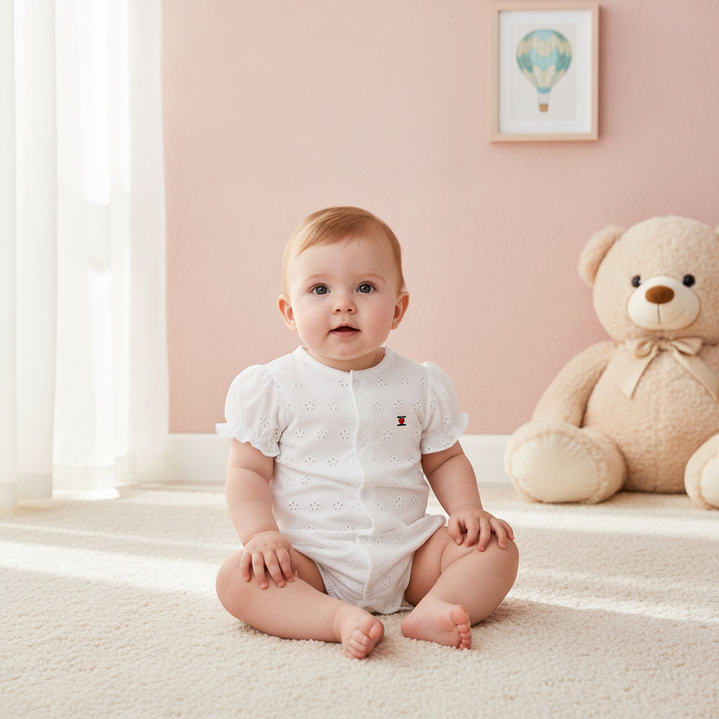 Juniors Schiffli Textured Romper with Puff Sleeves-baby-girls-clothing-rompers-image-7