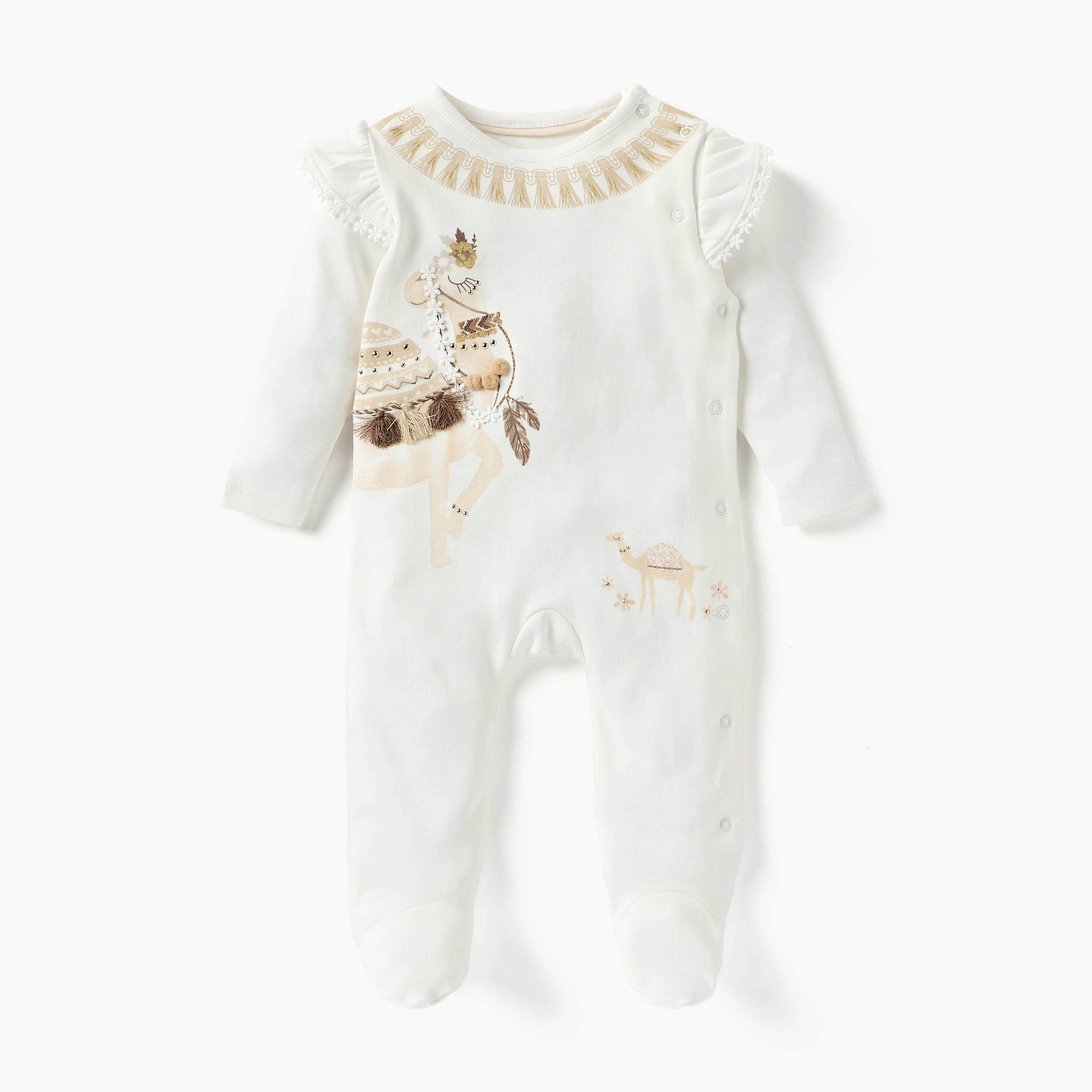 Juniors Camel Embellished Sleepsuit with Round Neck and Long Sleeves-baby-girls-clothing-nightwear-sleepsuits-image-1