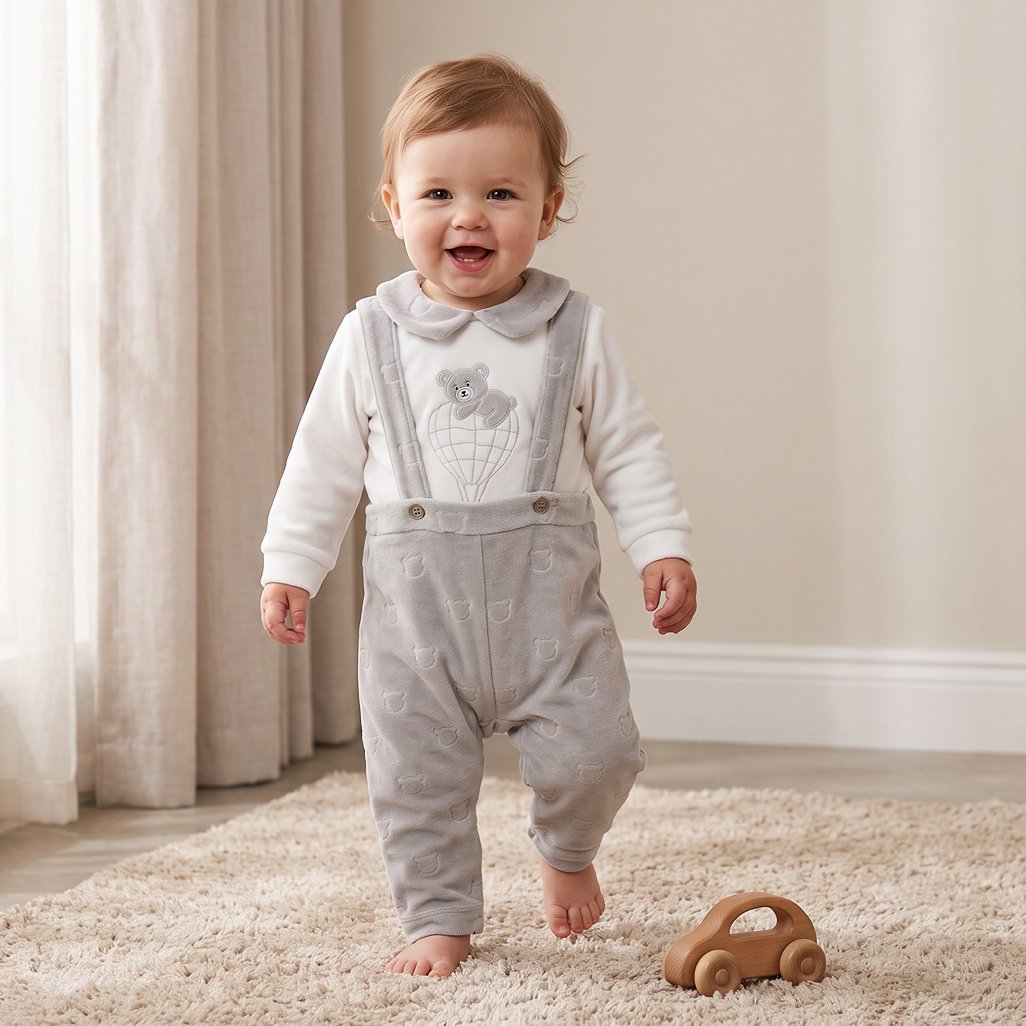 Giggles Collared Long Sleeves Shirt and Dungaree Set with Bear Embroidery-baby-boys-clothing-winterwear-setsandcoords-image-1