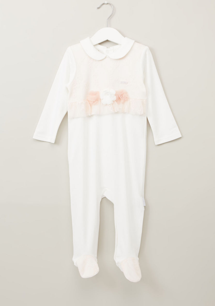 Giggles Lace Sleepsuit with Long Sleeves and Flower Applique-Sleepsuits-image-0