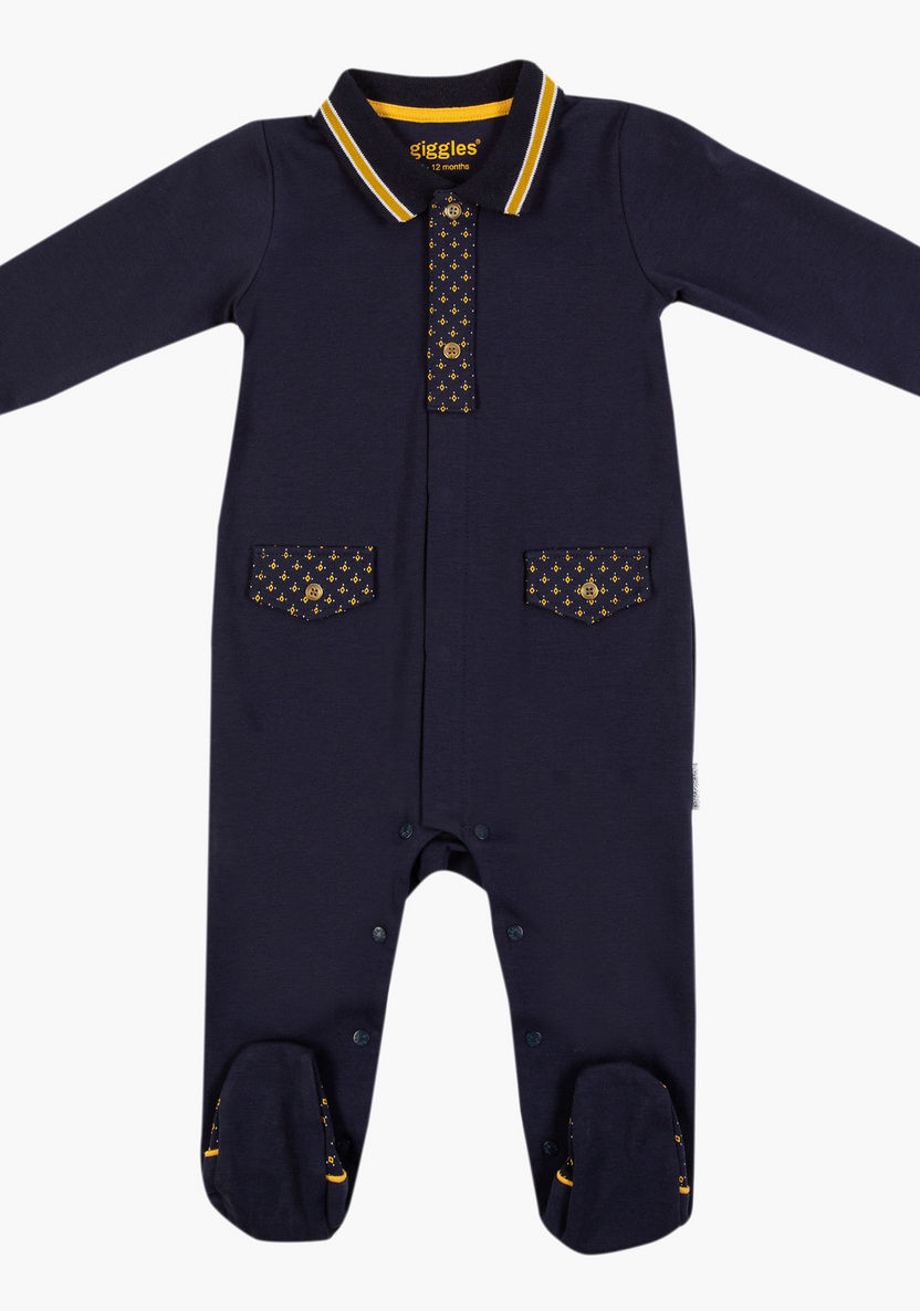 Giggles Printed Polo Sleepsuit with Long Sleeves-Sleepsuits-image-0