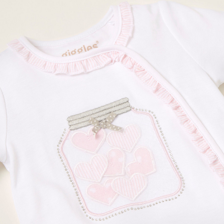 Giggles Embroidered Detail Romper with Round Neck and Short Sleeves