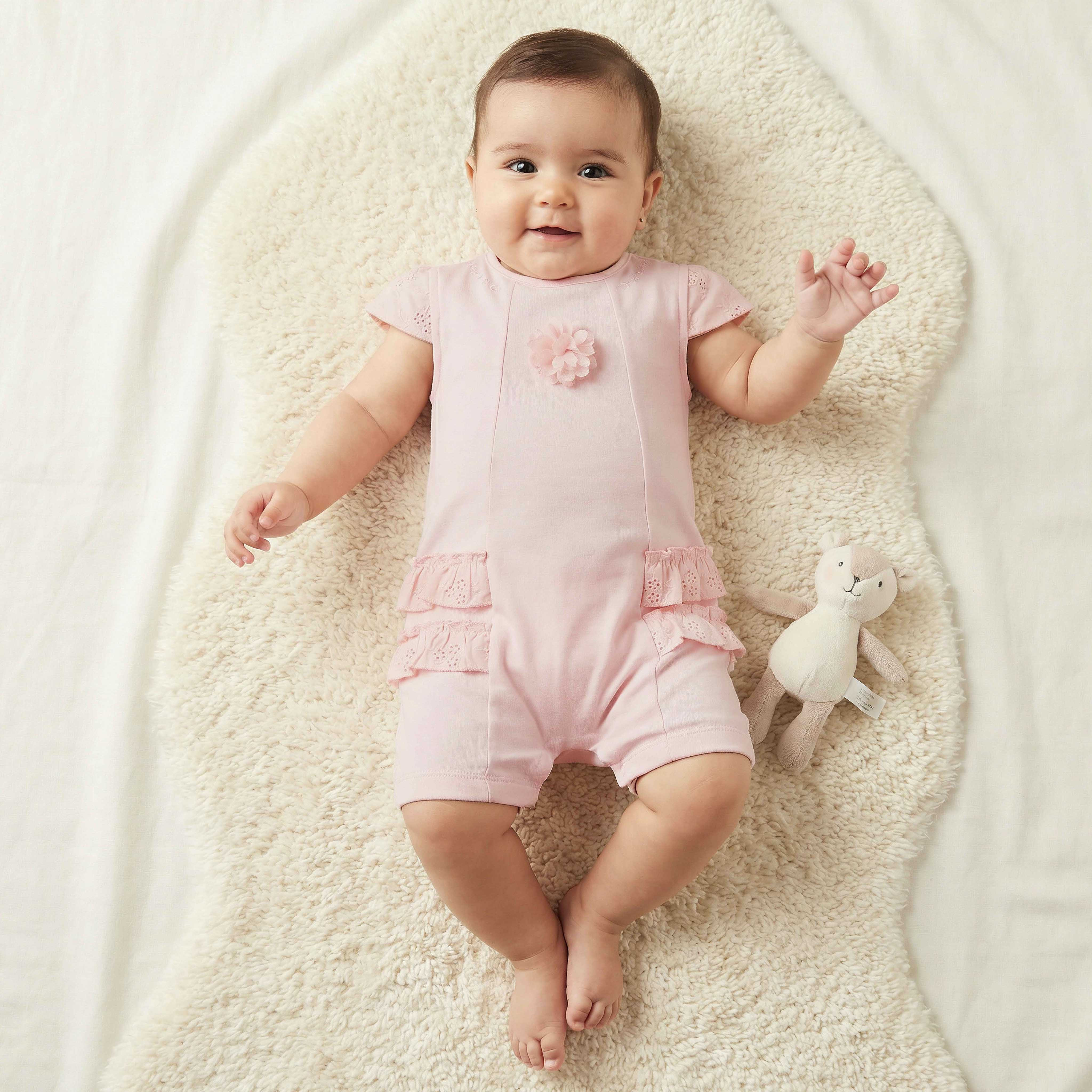 Giggles Round Neck Short Sleeves Romper with Embroidered Ruffles-baby-girls-clothing-rompers-image-1
