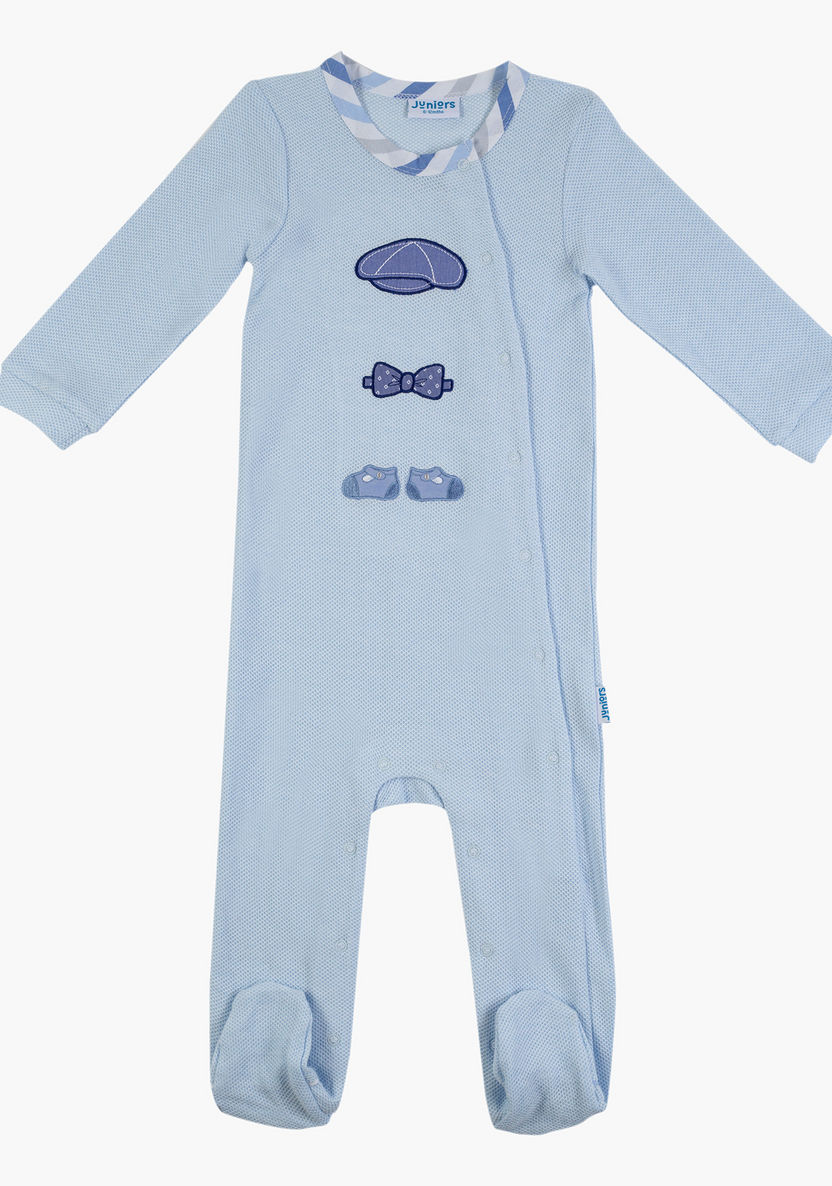 Giggles Striped Neck Sleepsuit with Long Sleeves and Appliques-Sleepsuits-image-0