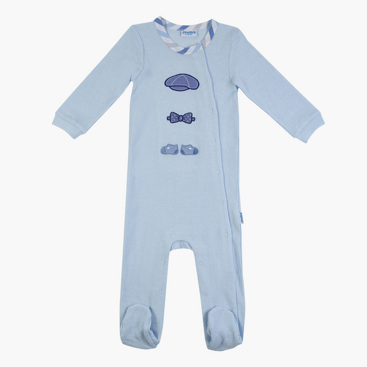 Giggles Striped Neck Sleepsuit with Long Sleeves and Appliques