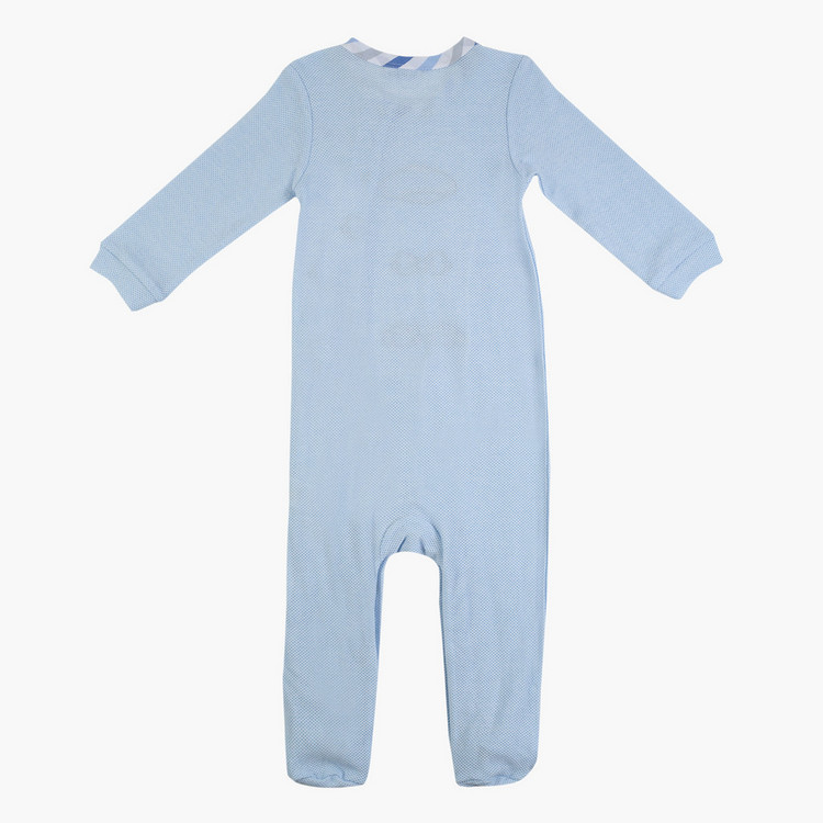 Giggles Striped Neck Sleepsuit with Long Sleeves and Appliques