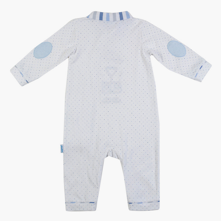 Giggles Striped Collared Polka Dot Print Sleepsuit with Long Sleeves
