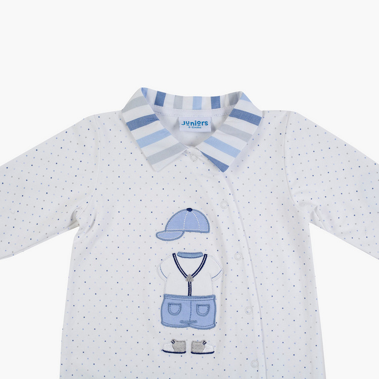 Giggles Striped Collared Polka Dot Print Sleepsuit with Long Sleeves