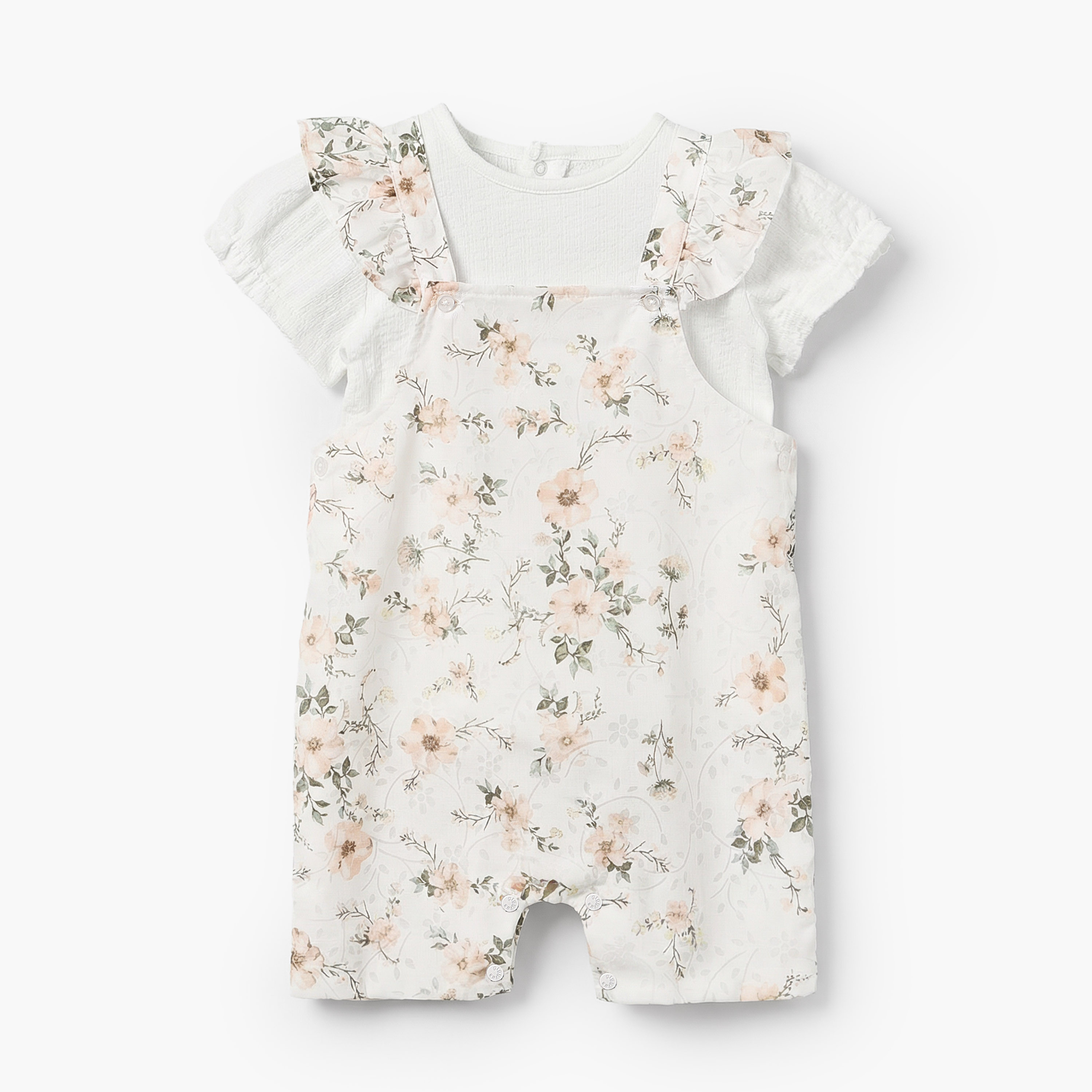 Giggles Round Neck Short Sleeves T-shirt and Dungaree Set with Floral Print-baby-girls-clothing-setsandcoords-image-1