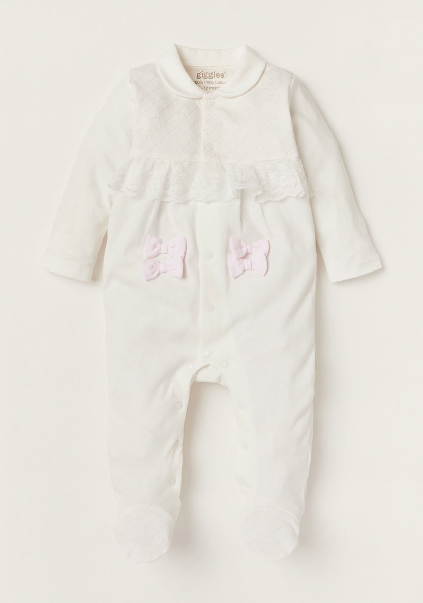 Giggles Bow Accented Sleepsuit with Long Sleeves and Frill Detail-Sleepsuits-image-0