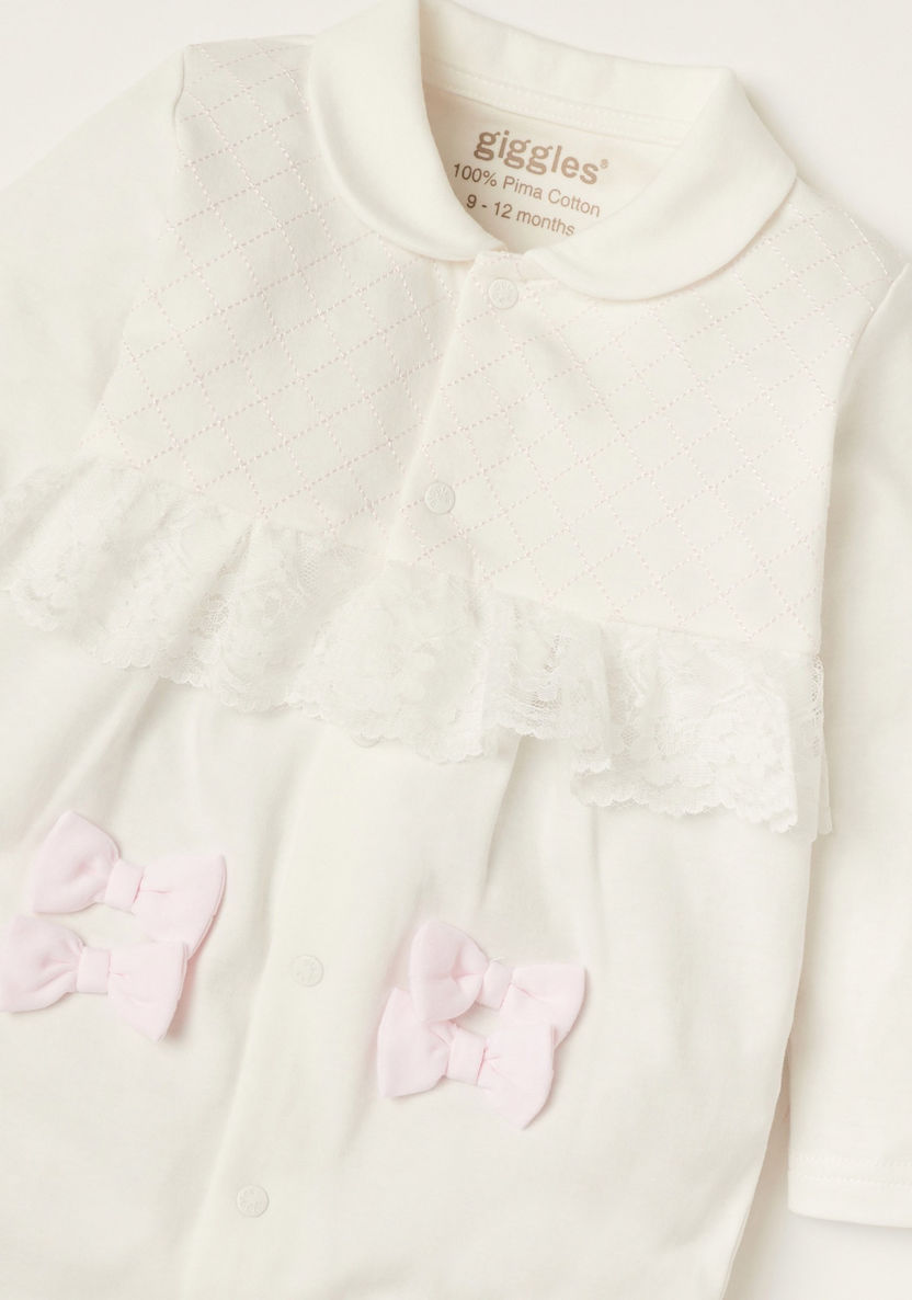 Giggles Bow Accented Sleepsuit with Long Sleeves and Frill Detail-Sleepsuits-image-1