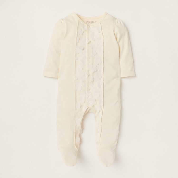 Giggles Solid Sleepsuit with Long Sleeves and Floral Applique Detail