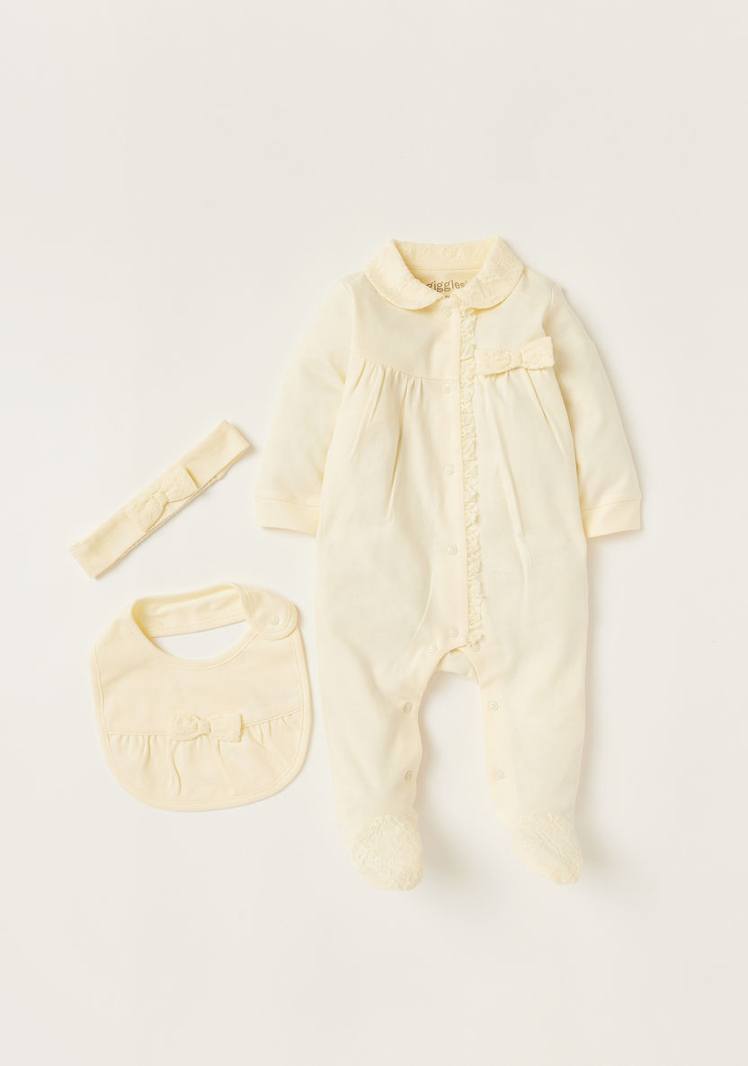 Giggles Solid 3-Piece Closed Feet Sleepsuit and Bib Set-Clothes Sets-image-0