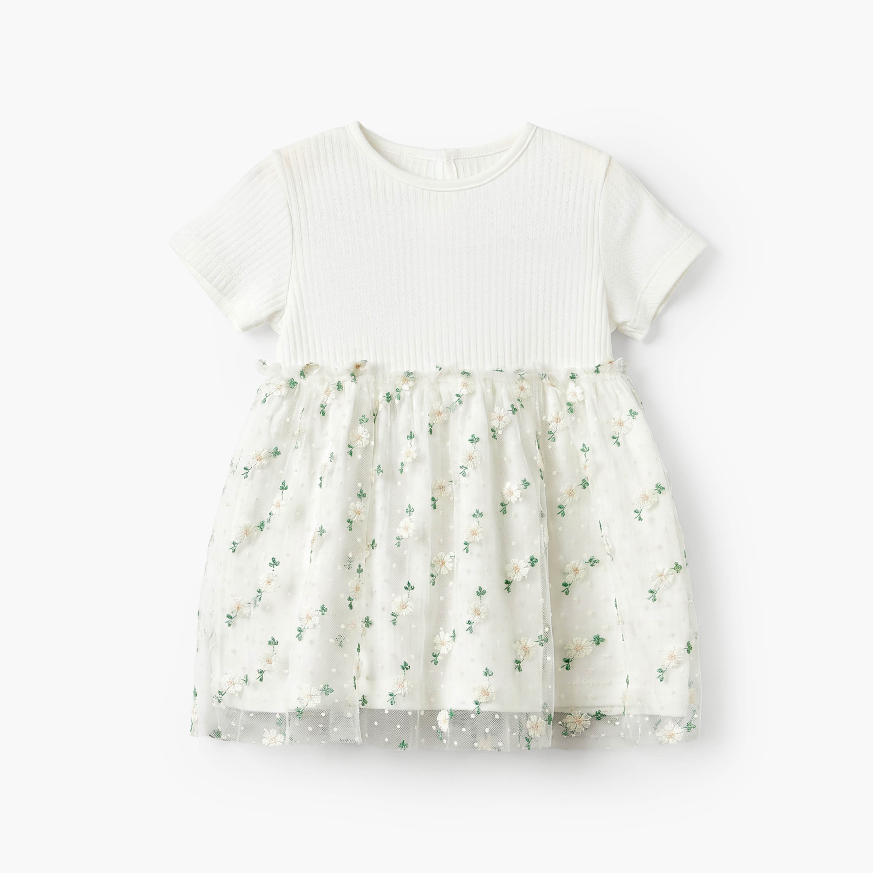 Giggles Round Neck Short Sleeves Knee Length A-line Dress with Floral Embroidery-baby-girls-clothing-dressesandjumpsuits-image-1
