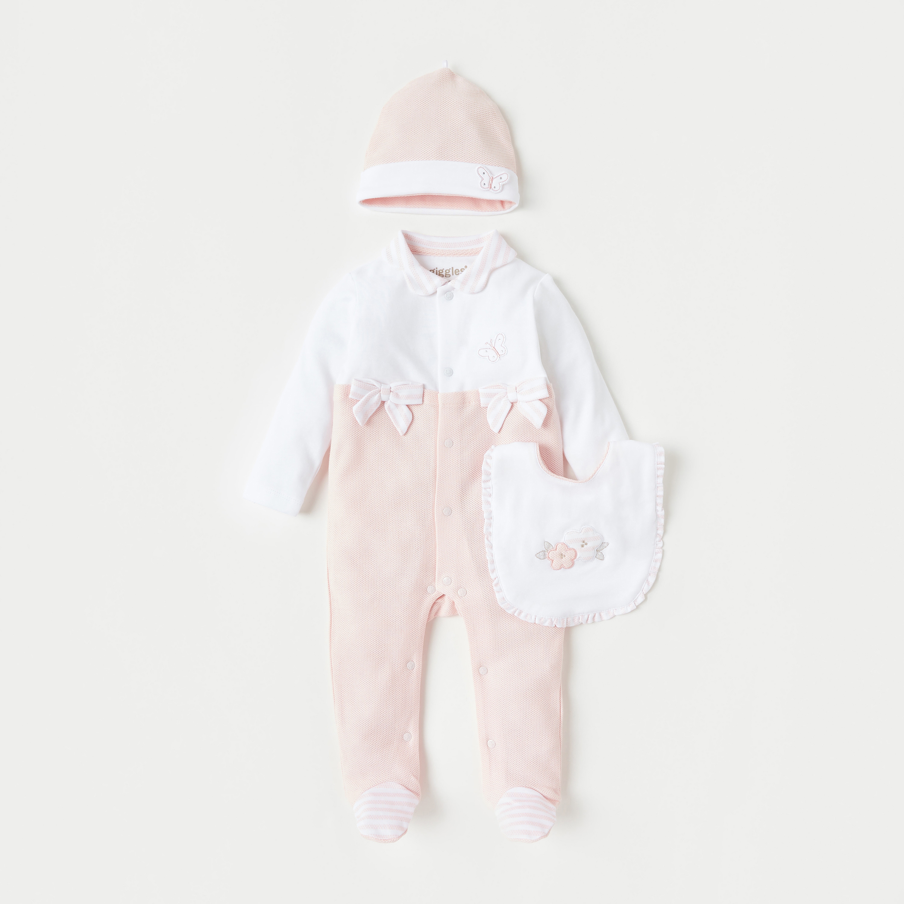 Giggles Embroidered Closed Feet Sleepsuit with Bib and Beanie-baby-girls-clothing-setsandcoords-image-1