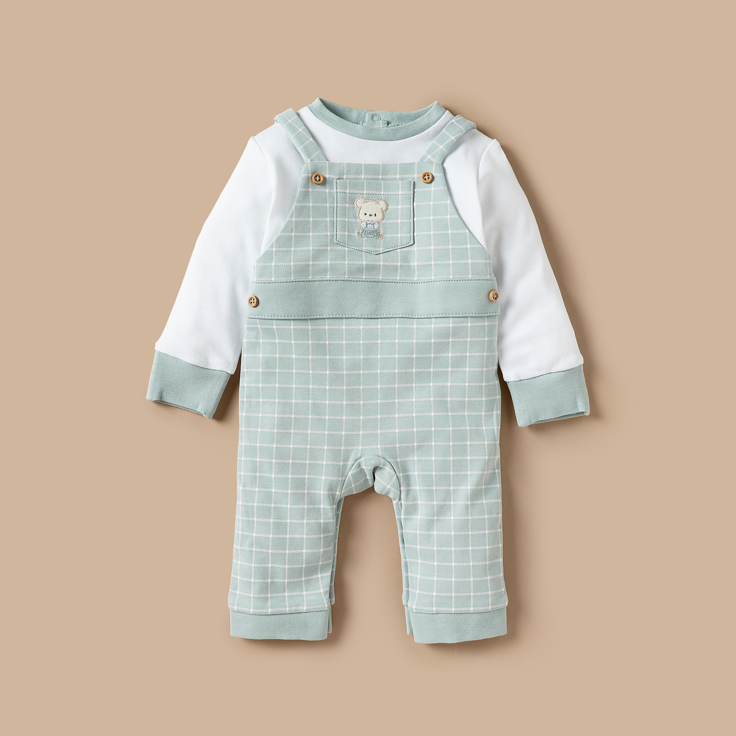 Giggles Bear Applique Checked Sleepsuit with Long Sleeves-baby-boys-clothing-nightwear-sleepsuits-image-1