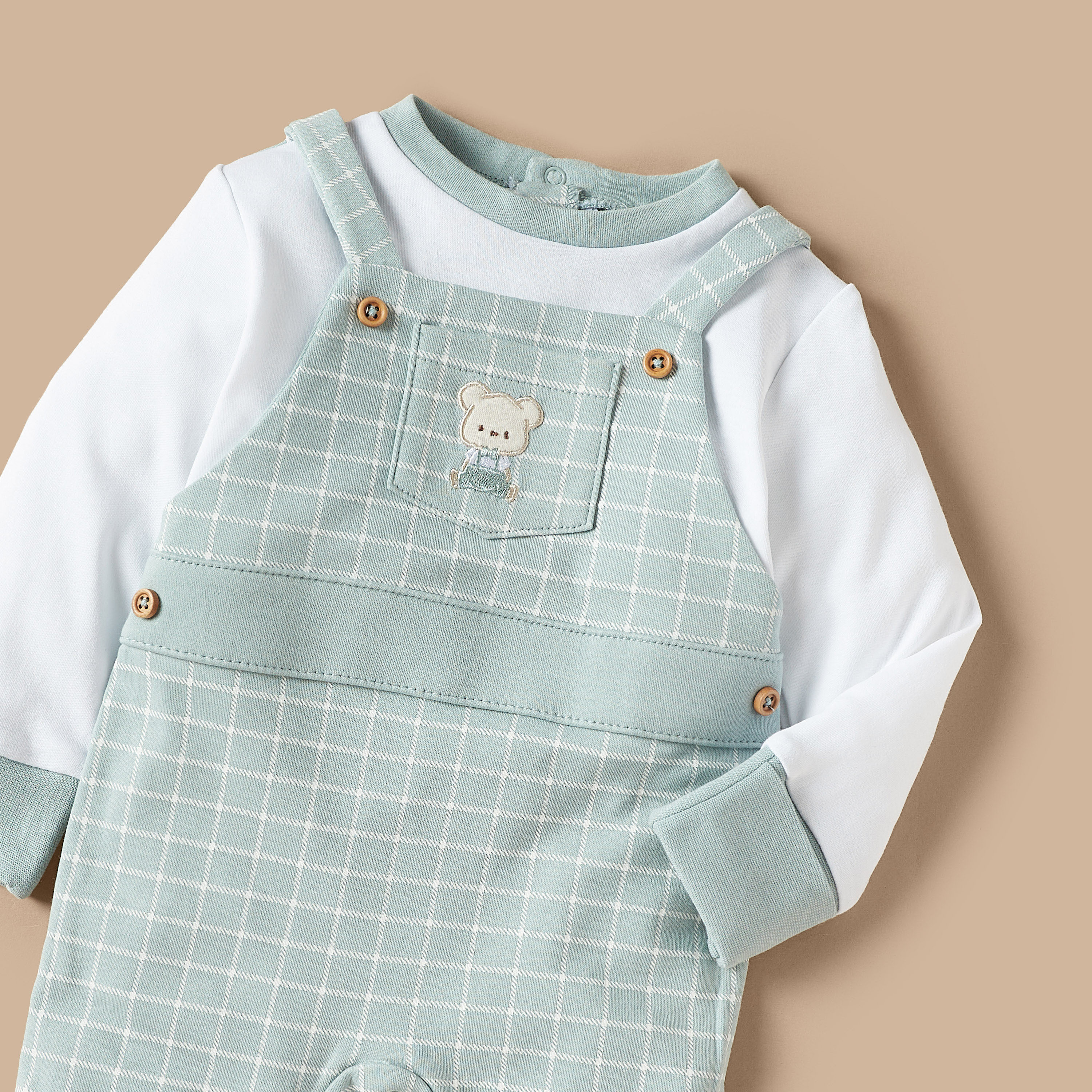 Giggles Bear Applique Checked Sleepsuit with Long Sleeves-baby-boys-clothing-nightwear-sleepsuits-image-2
