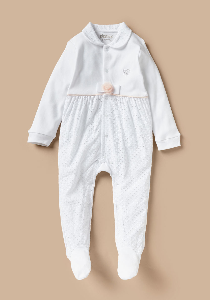 Giggles Schiffli Textured Sleepsuit with Floral Applique Detail-Sleepsuits-image-0