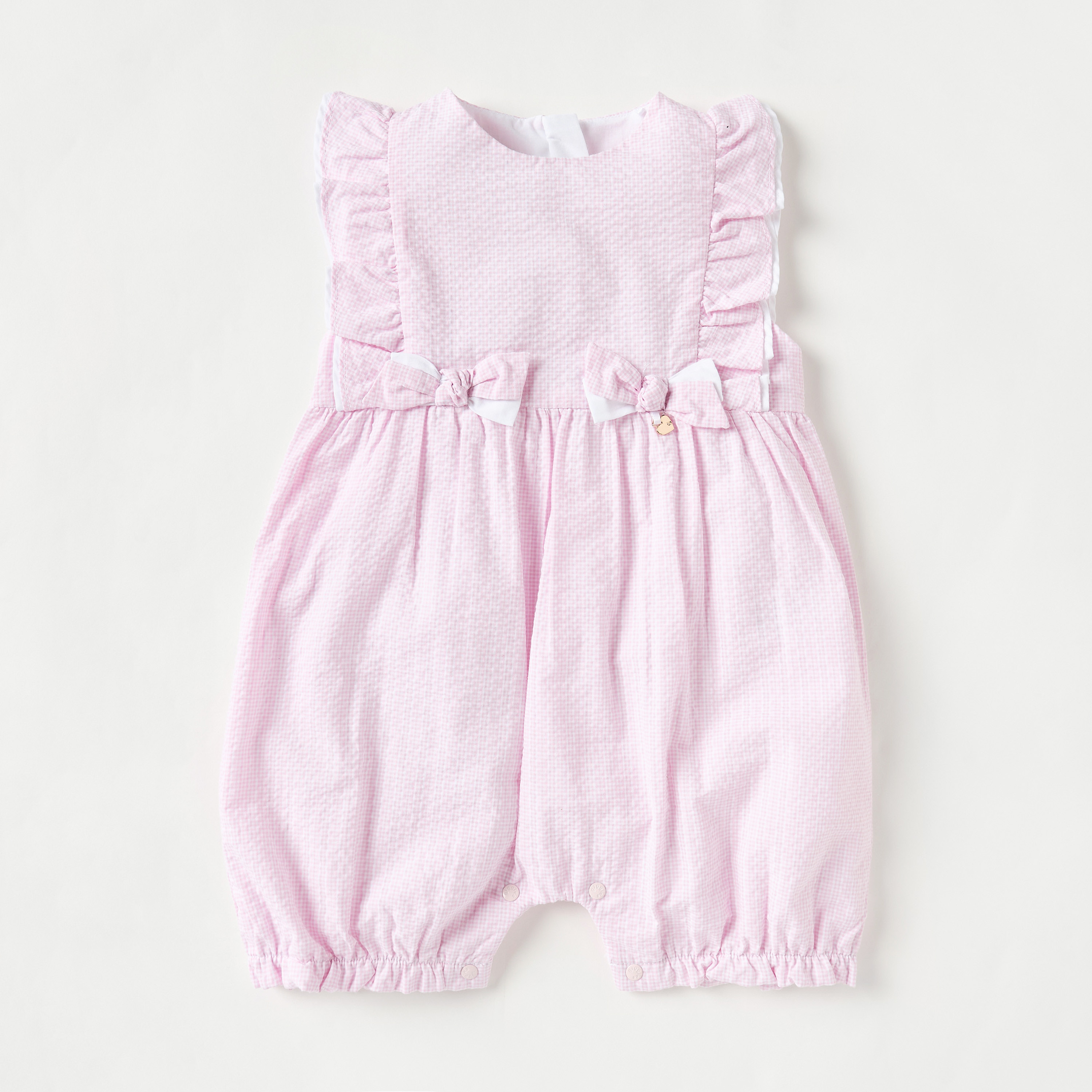 Giggles Textured Sleeveless Romper with Bow and Ruffle Detail-baby-girls-clothing-rompers-image-1