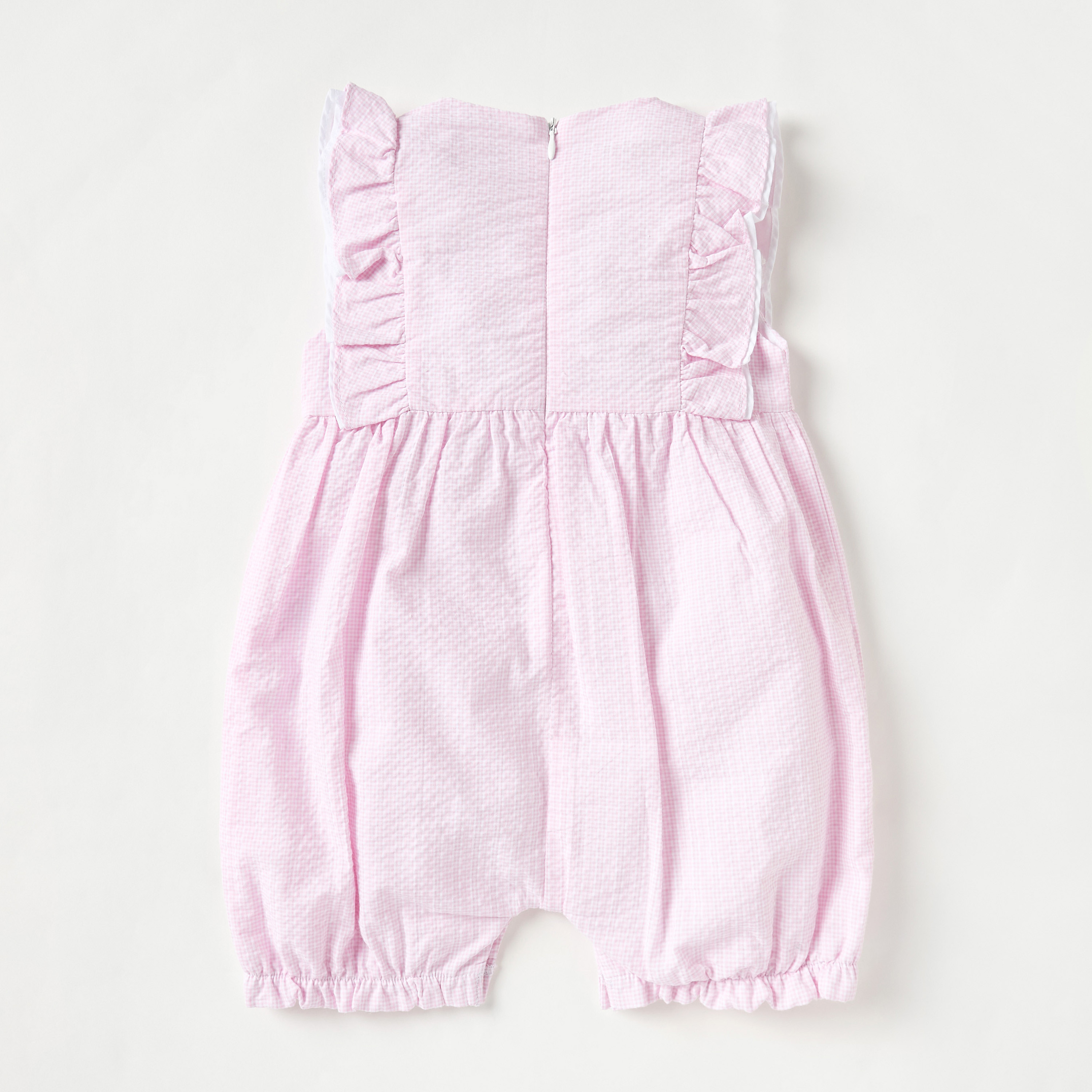 Giggles Textured Sleeveless Romper with Bow and Ruffle Detail-baby-girls-clothing-rompers-image-2