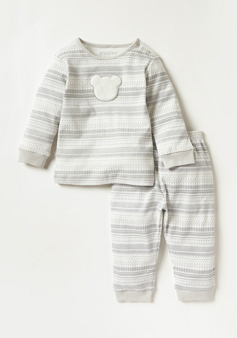 Giggles Striped Long Sleeve T-shirt and Pyjama Set-Pyjama Sets-image-0