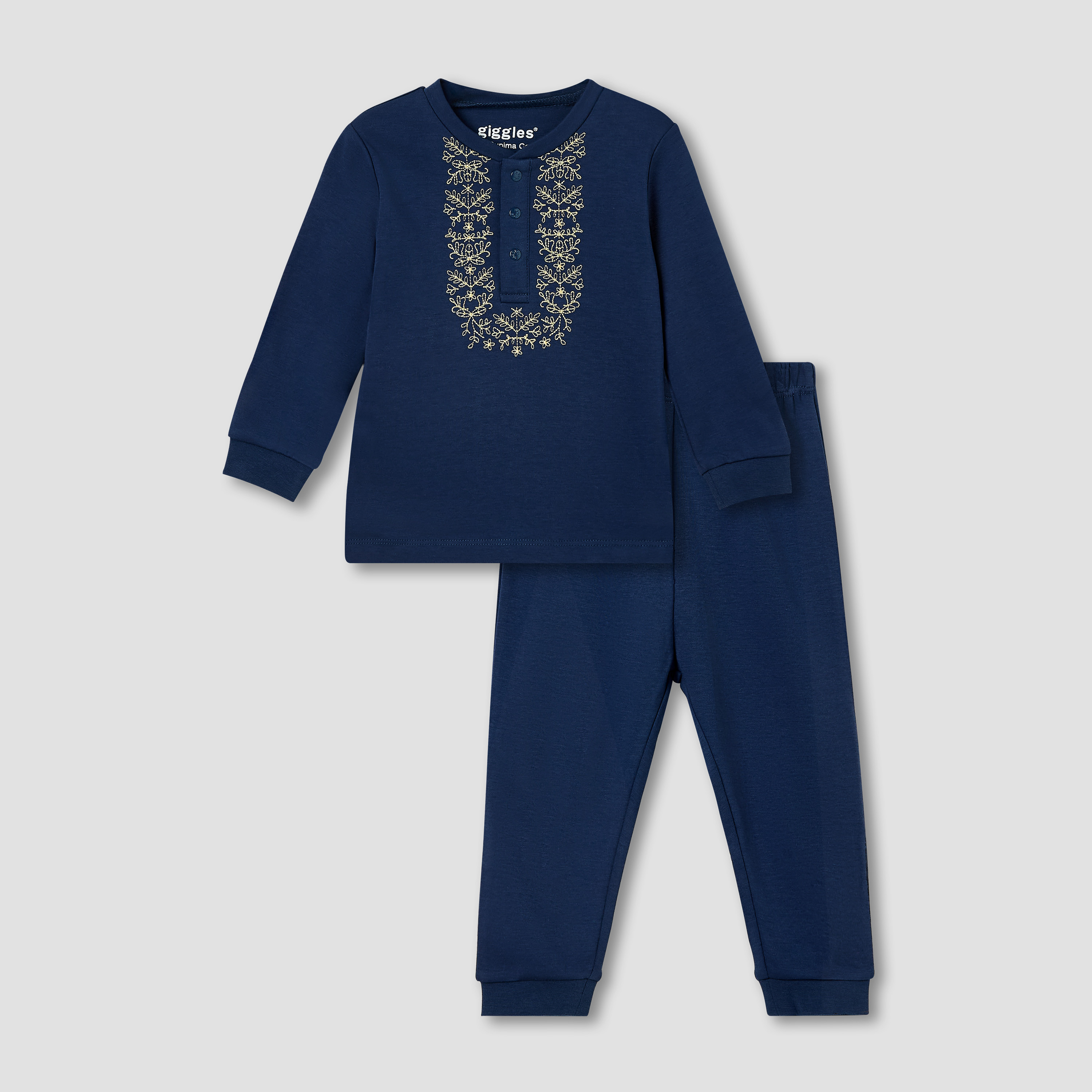 Giggles Pyjama Set with Embroidery - Cotton - Long Sleeves - Henley Neck-baby-boys-clothing-nightwear-pyjamasets-image-1