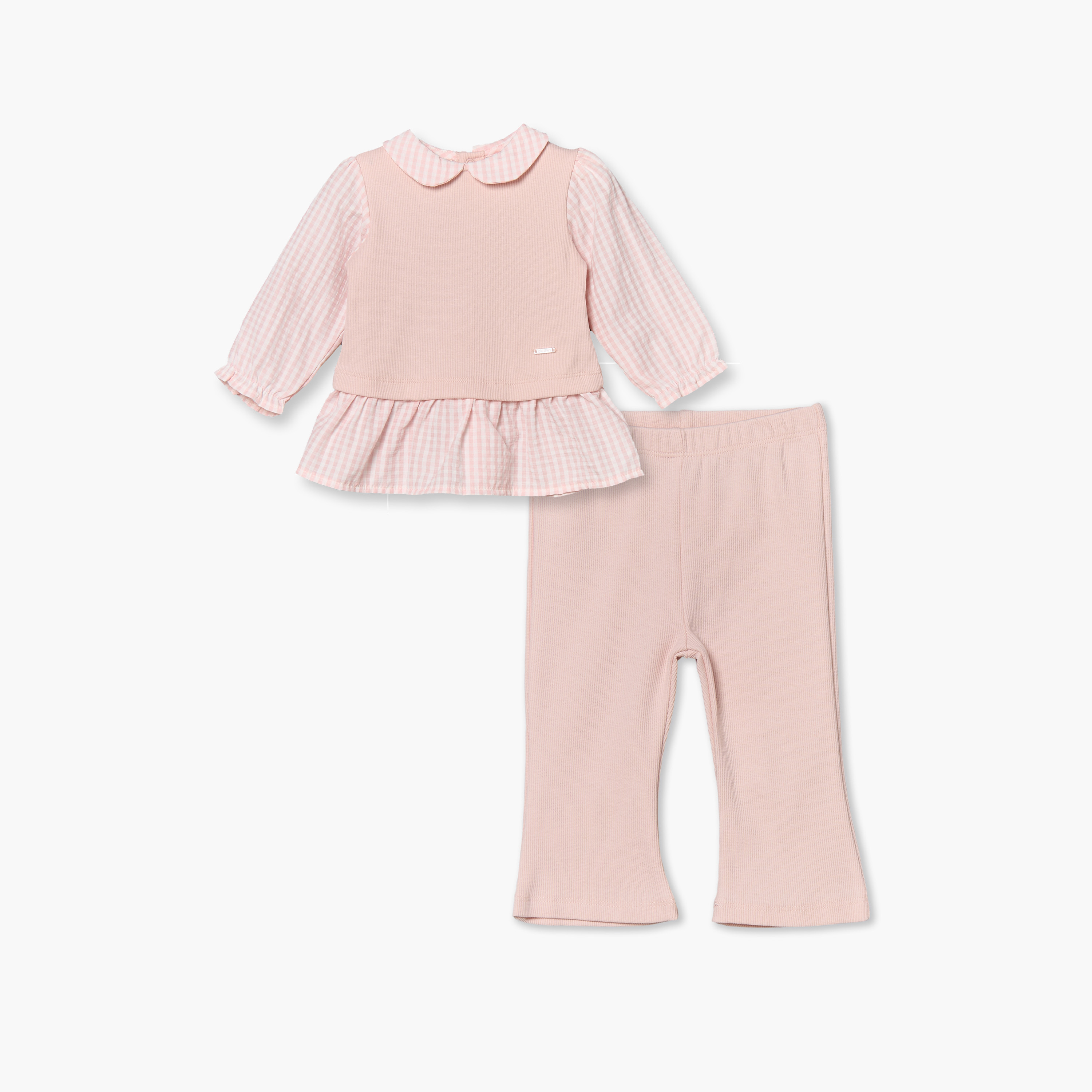 طقم بيجاما قطني بأكمام طويلة وياقة بيتر بان بنقشة مربعات غينغهام من جونيورز-baby-girls-clothing-nightwear-pyjamasets-image-2
