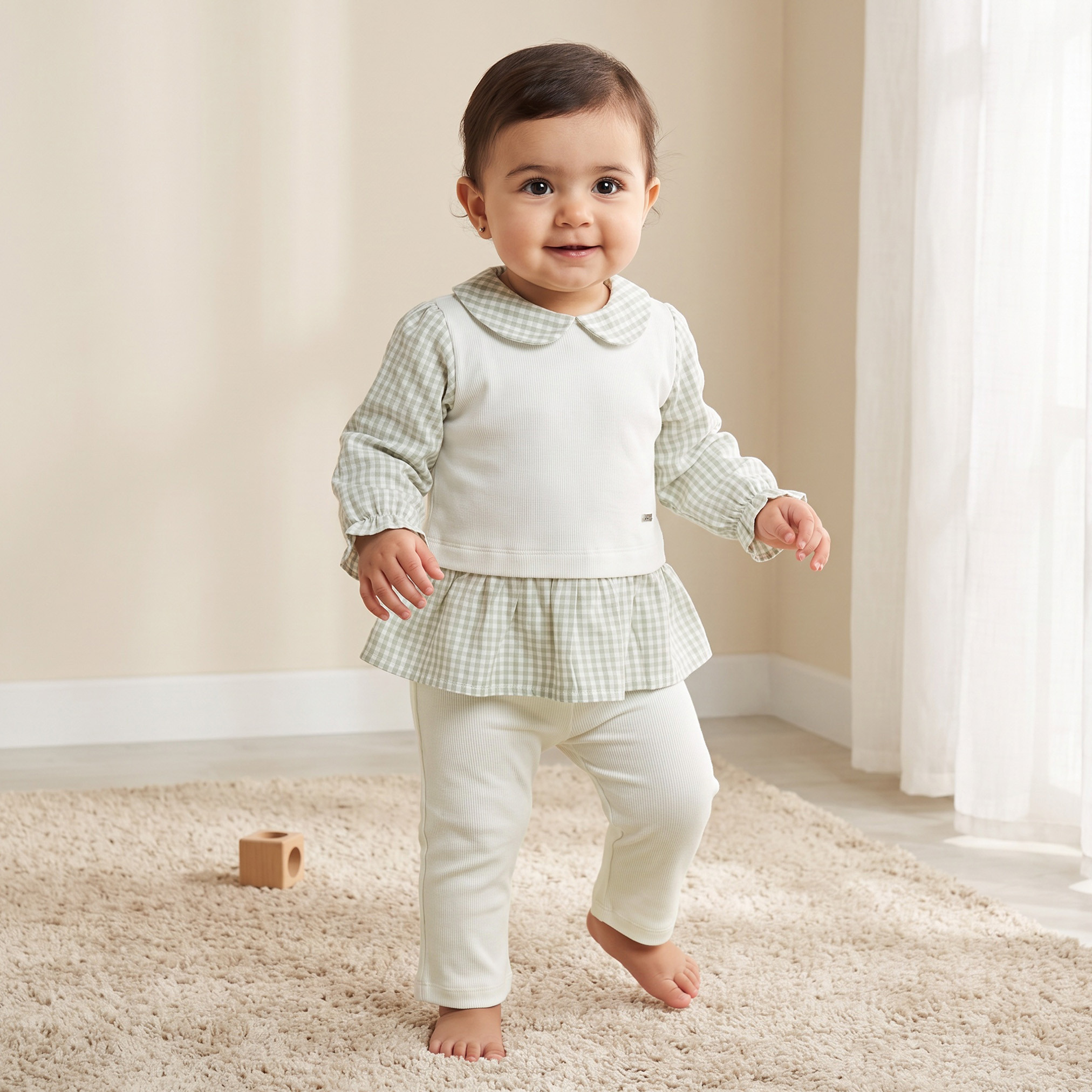 طقم بيجاما قطن بياقة بيتر بان وأكمام طويلة وطبعات كاروهات جينجهام من جونيورز-baby-girls-clothing-nightwear-pyjamasets-image-1