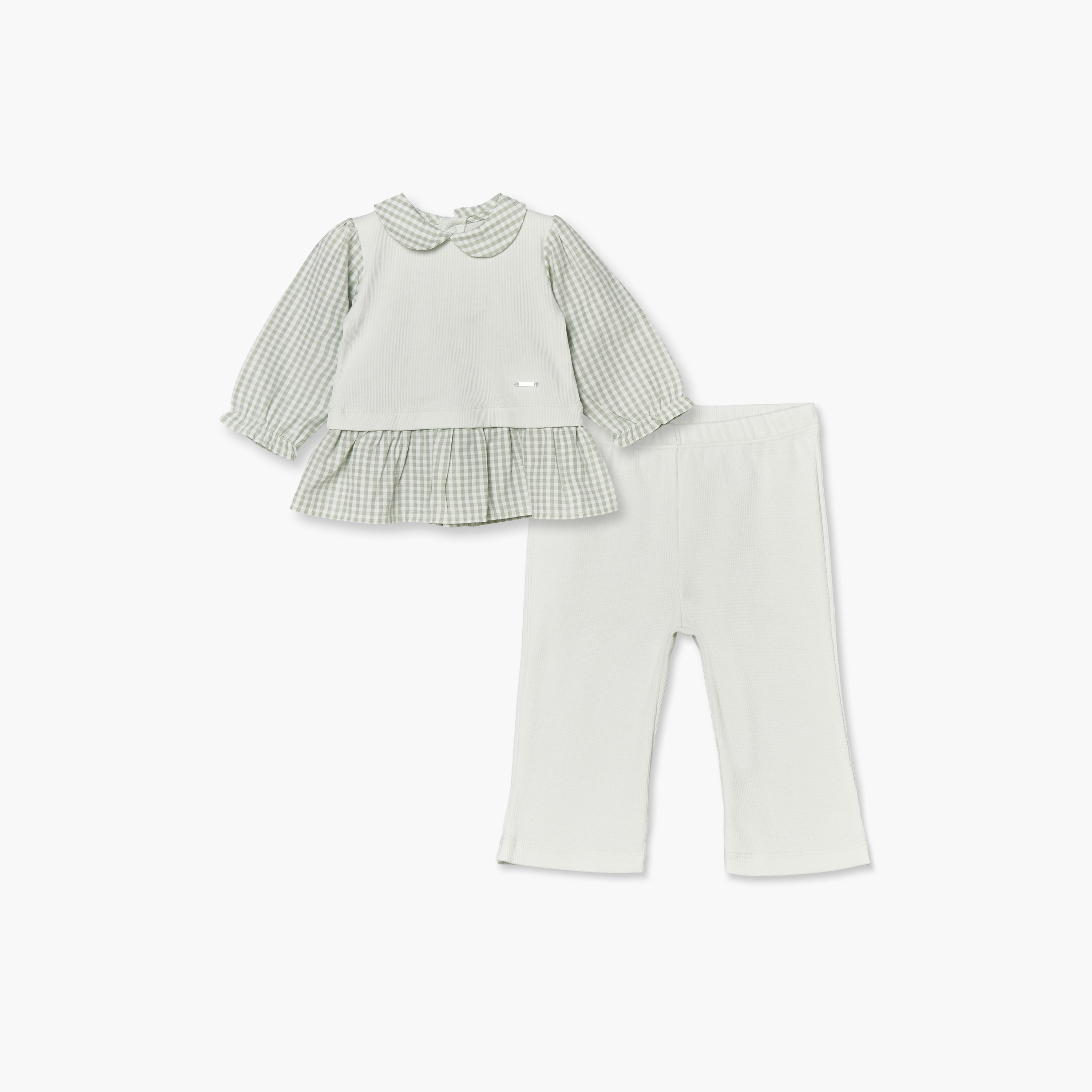 طقم بيجاما قطن بياقة بيتر بان وأكمام طويلة وطبعات كاروهات جينجهام من جونيورز-baby-girls-clothing-nightwear-pyjamasets-image-2