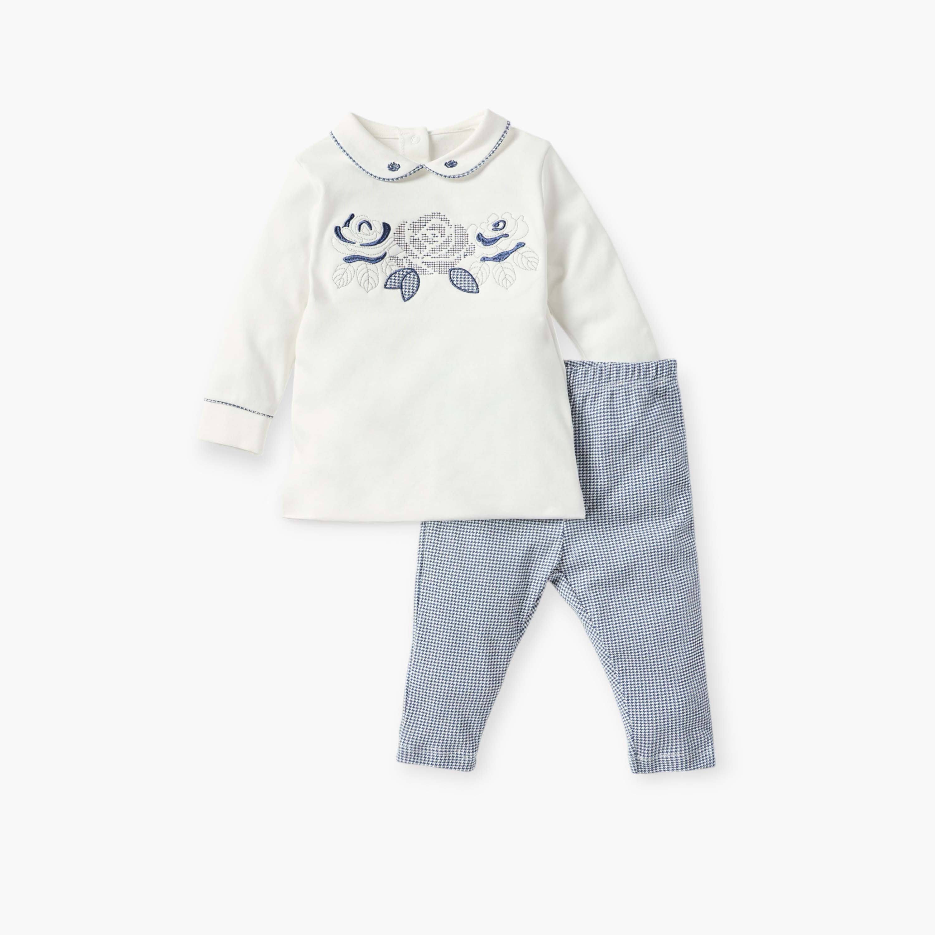 Juniors Flower Embroidered T-shirt and Checked Pyjama Set-baby-girls-clothing-nightwear-pyjamasets-image-1