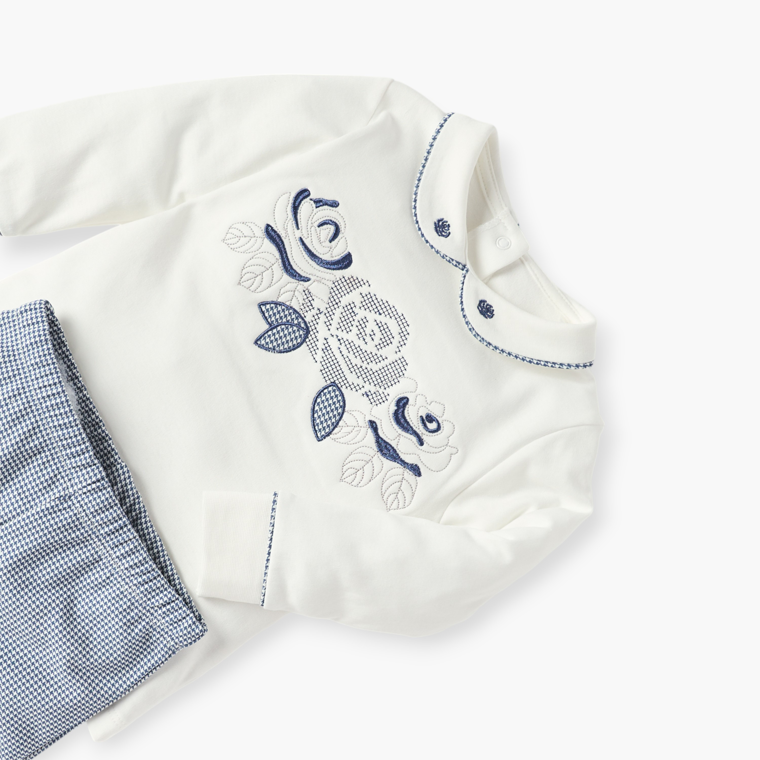 Juniors Flower Embroidered T-shirt and Checked Pyjama Set-baby-girls-clothing-nightwear-pyjamasets-image-4