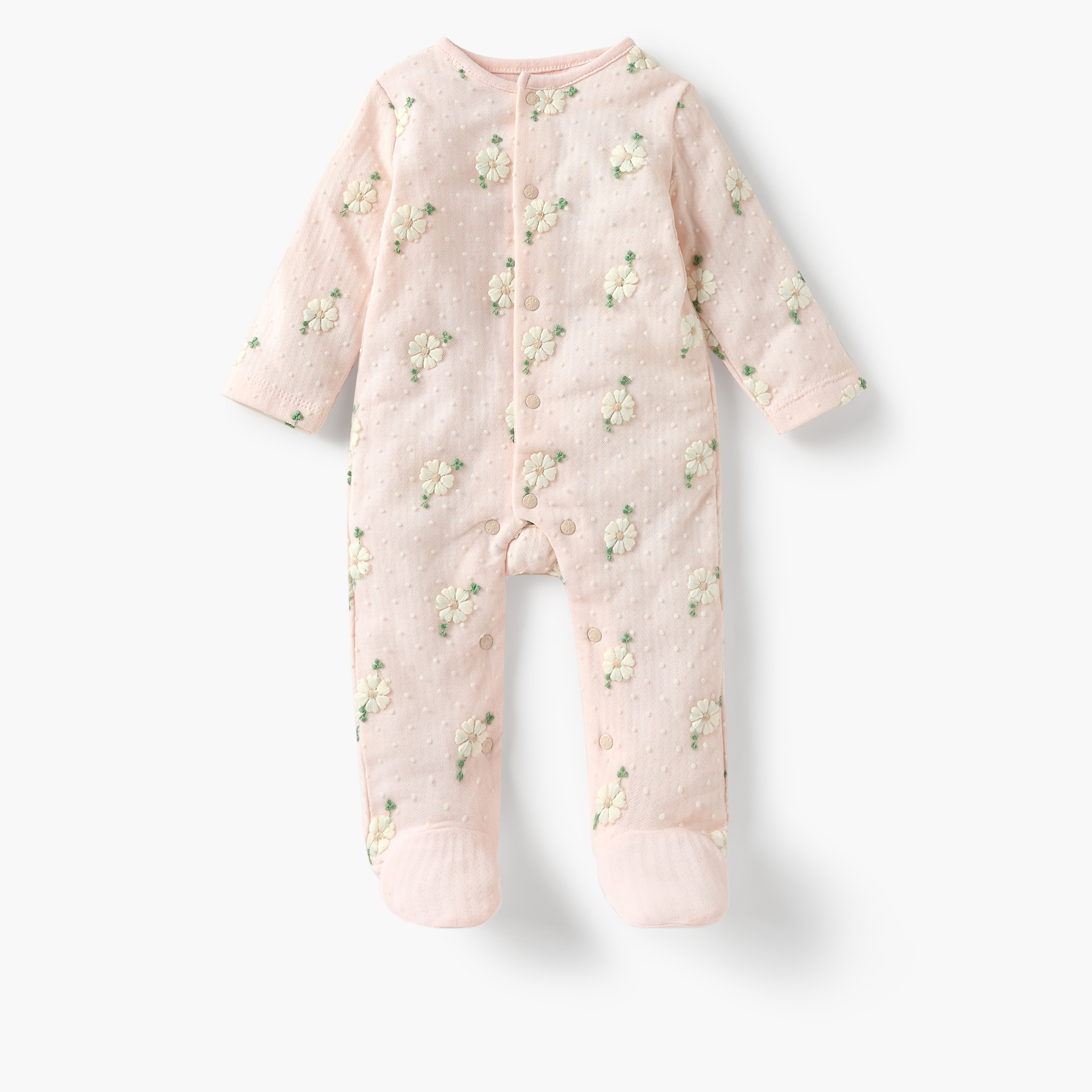 بدلة نوم مغلقة القدمين بأكمام طويلة وتطريز زهري من جيجلز-baby-girls-clothing-nightwear-sleepsuits-image-1