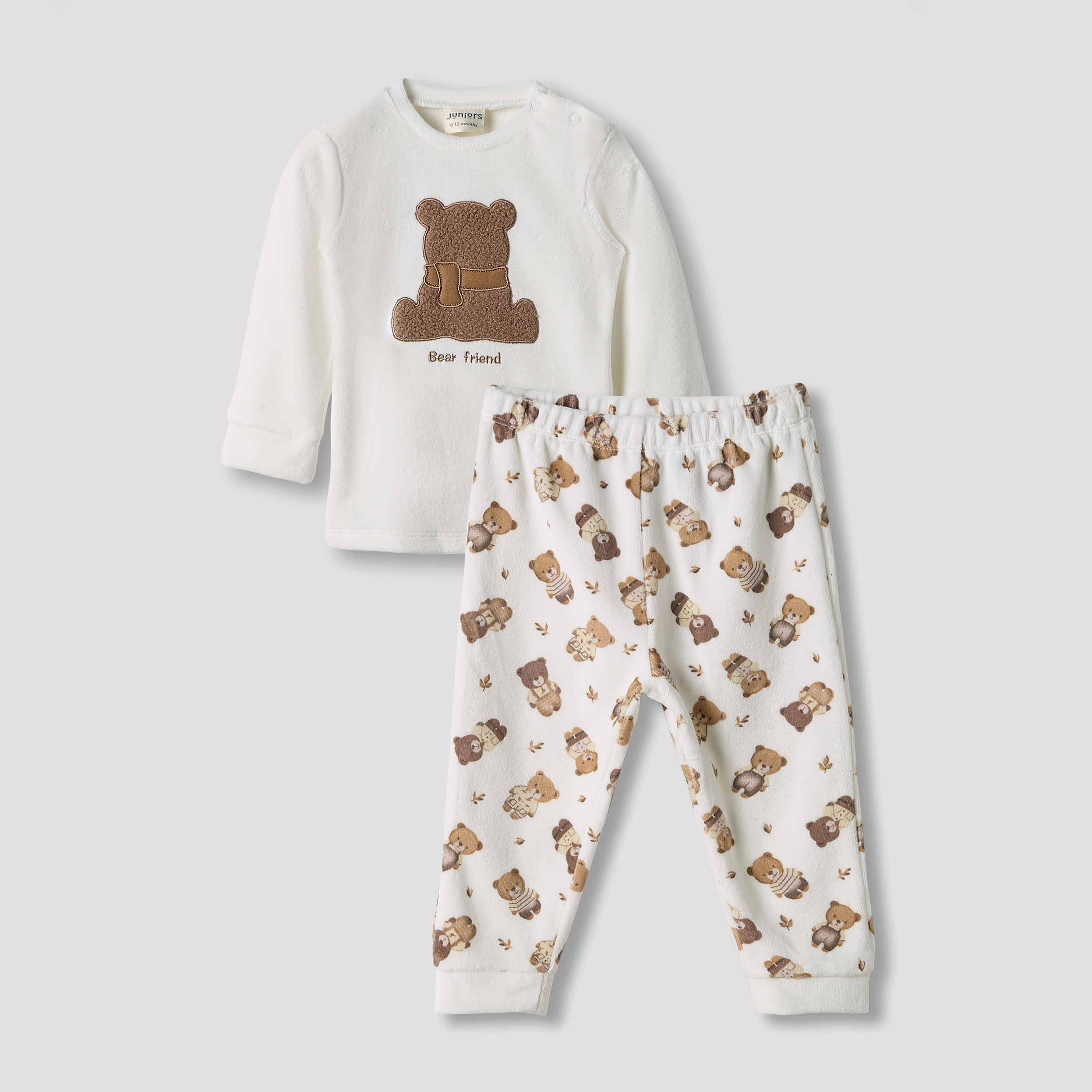 Juniors Bear Applique Long Sleeves Velour Sweatshirt and Pyjama Set-baby-boys-clothing-nightwear-pyjamasets-image-1