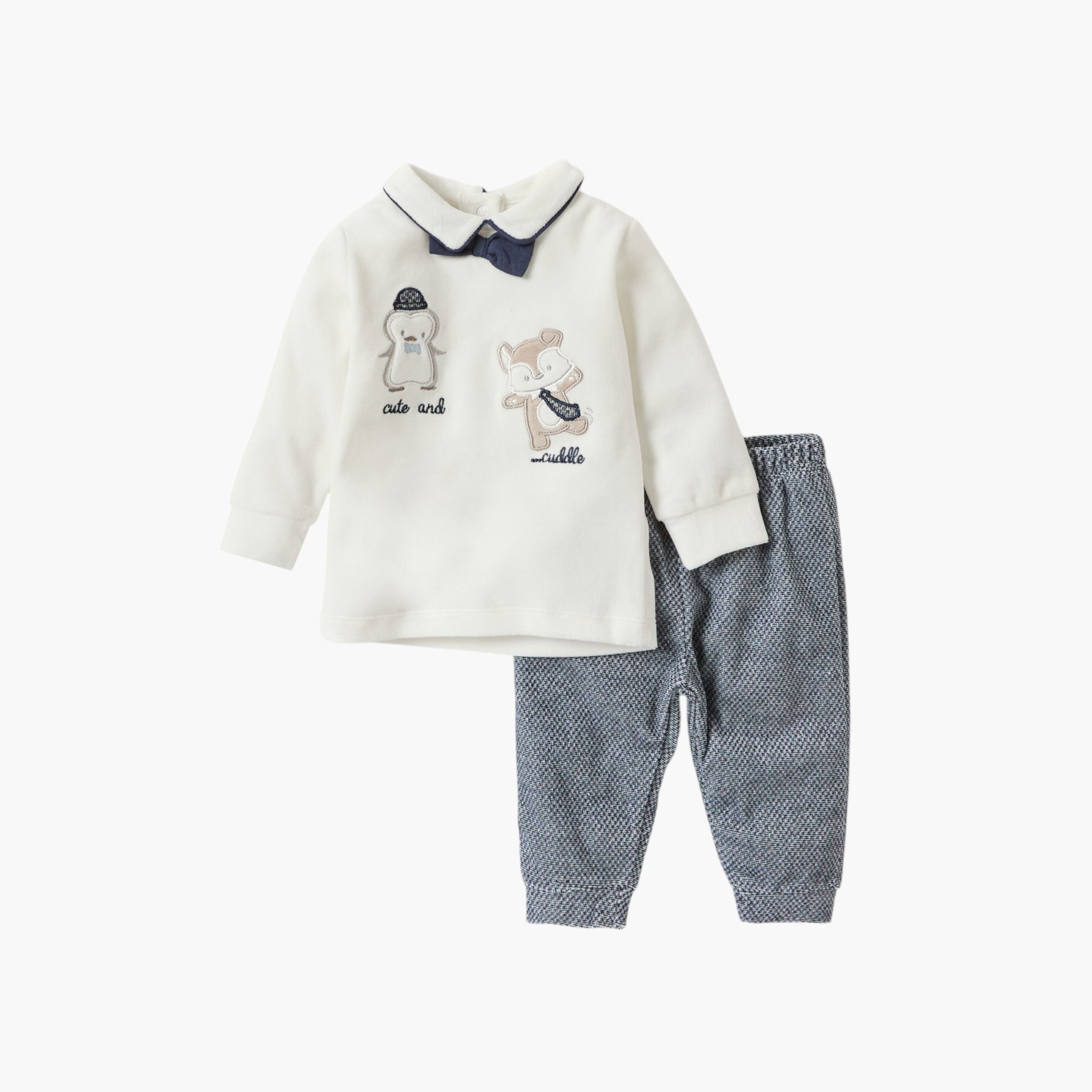 طقم بنطلون بيجاما وتيشيرت مخملي بأكمام طويلة بتفاصيل زينة من جيجلز-baby-boys-clothing-nightwear-pyjamasets-image-1