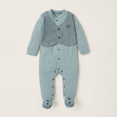 Giggles Solid V-neck Sleepsuit with Striped Coat