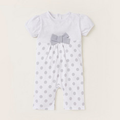 Giggles Polka Dot Print Romper with Short Sleeves and Bow Applique