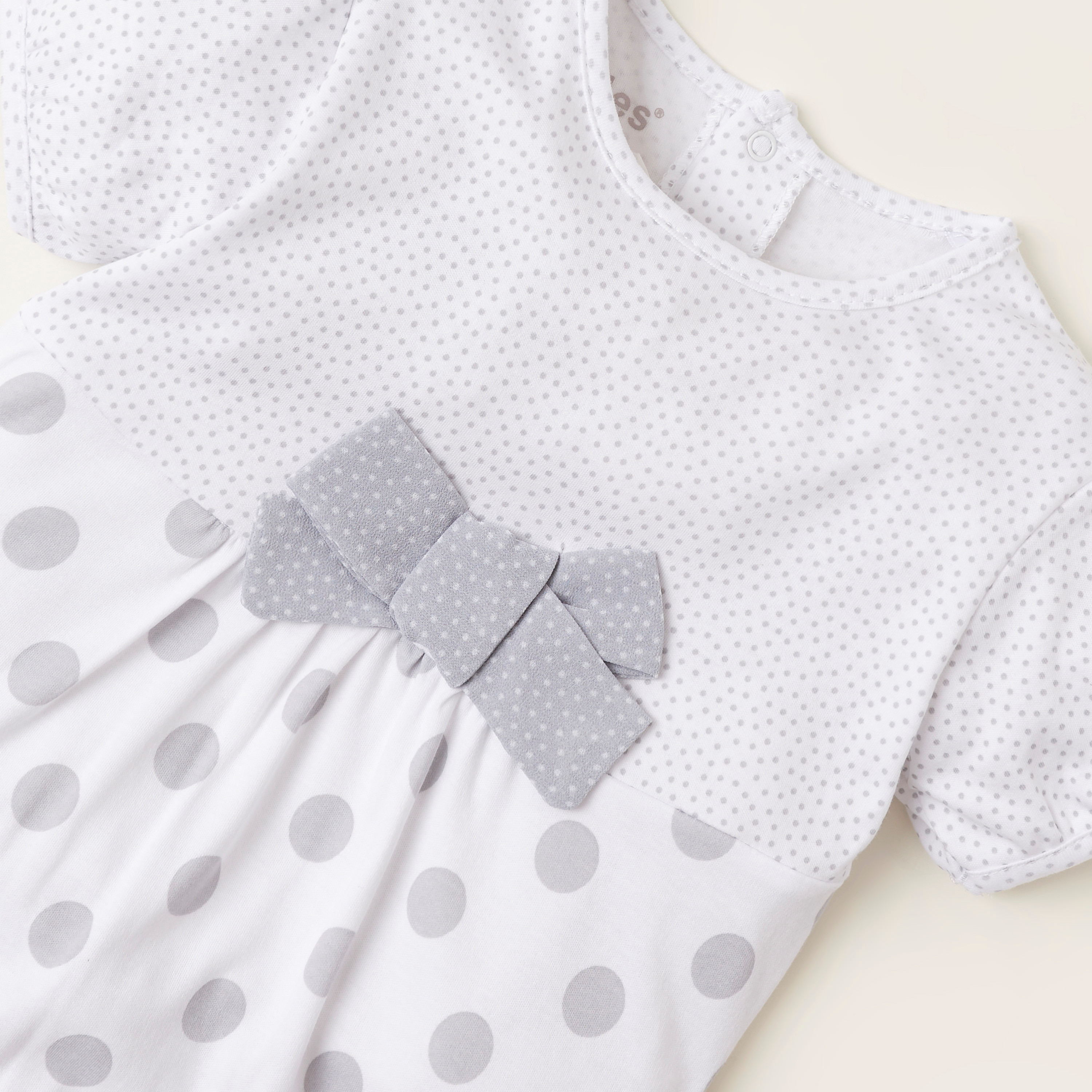 Giggles Polka Dot Print Romper with Short Sleeves and Bow Applique-baby-girls-clothing-rompers-image-2