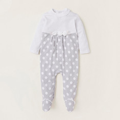 Giggles Polka Dot Print Closed Feet Sleepsuit with Long Sleeves and Bow Applique