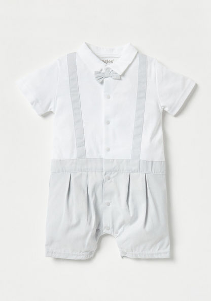 Giggles Solid Collared Rompers with Bow Accent and Short Sleeves