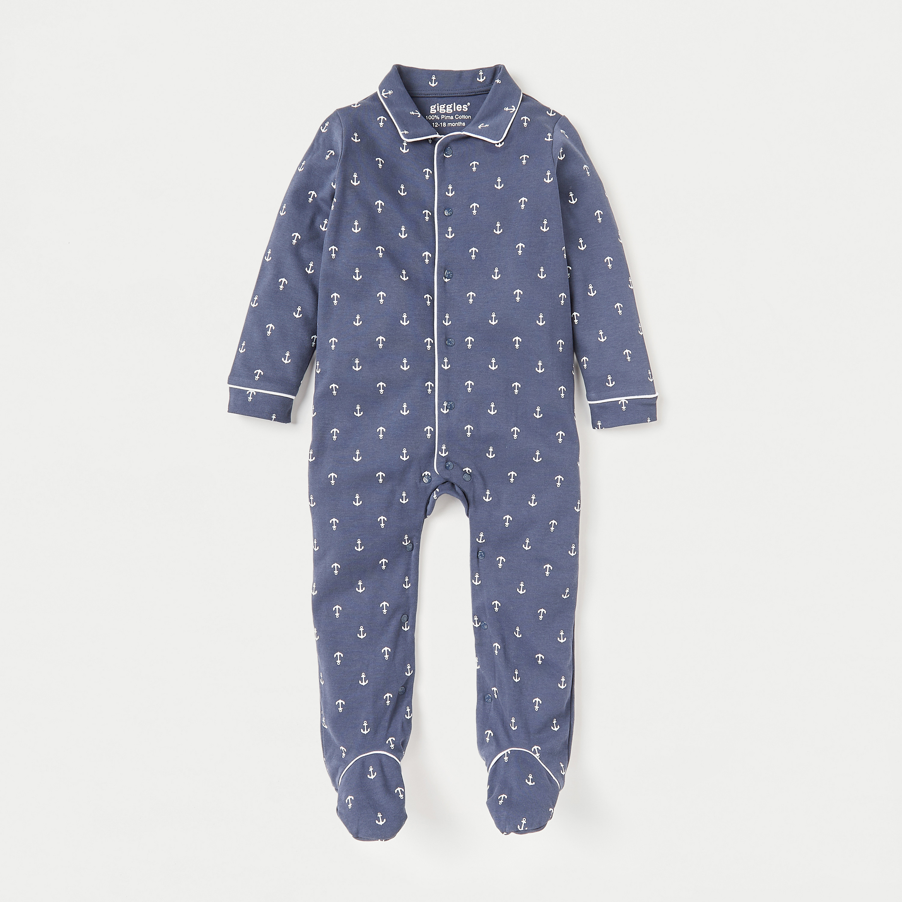 Giggles All-Over Anchor Print Sleepsuit with Long Sleeves and Button Closure-baby-boys-clothing-nightwear-sleepsuits-image-1