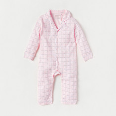 Giggles Checked Sleepsuit with Collar and Button Closure