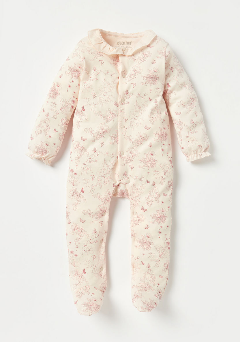 Giggles Floral Print Sleepsuit with Long Sleeves and Ruffles-Sleepsuits-image-0