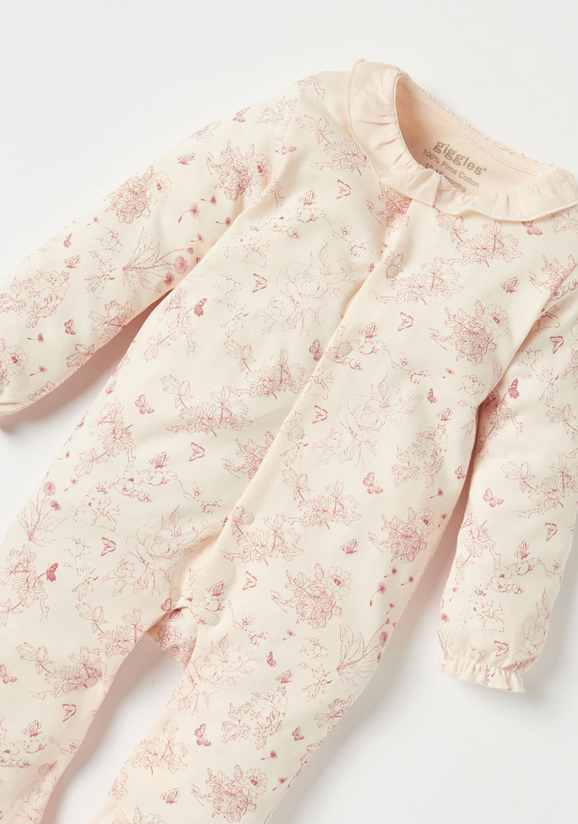 Giggles Floral Print Sleepsuit with Long Sleeves and Ruffles-Sleepsuits-image-1