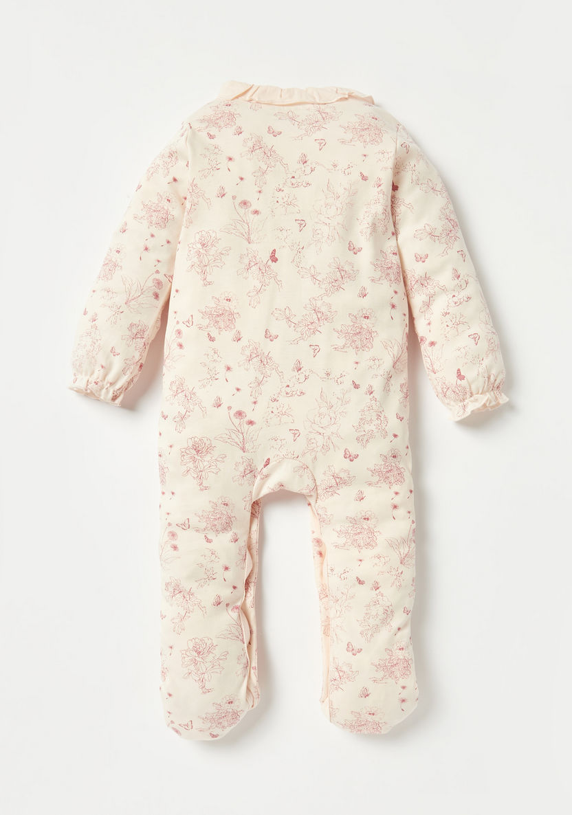 Giggles Floral Print Sleepsuit with Long Sleeves and Ruffles-Sleepsuits-image-3
